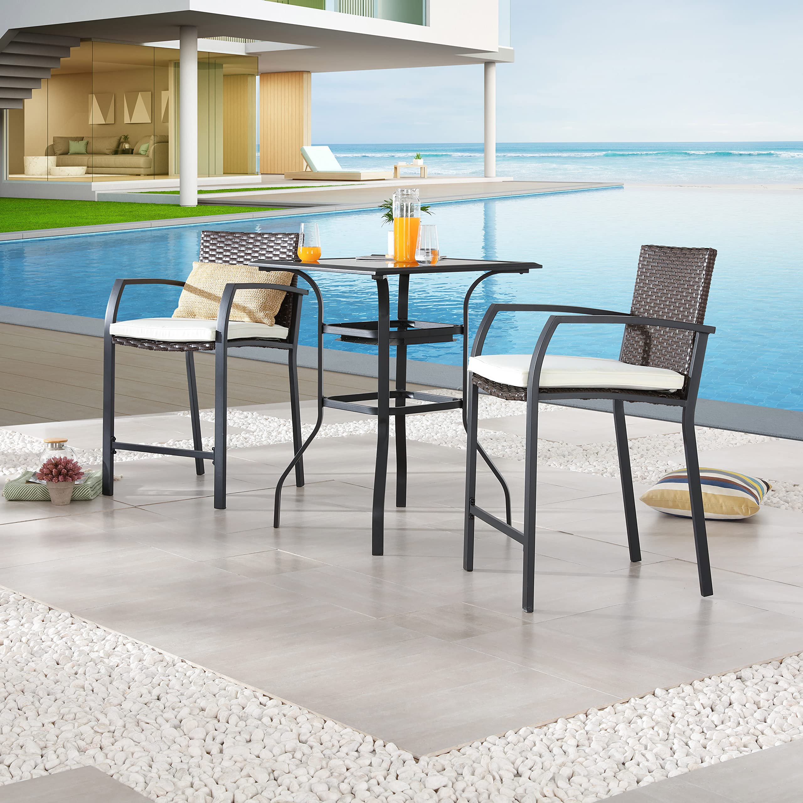 3-Piece Wicker Bar Stool Set with Cushions & Coffee Table - Outdoor Patio Furniture for Garden, Poolside