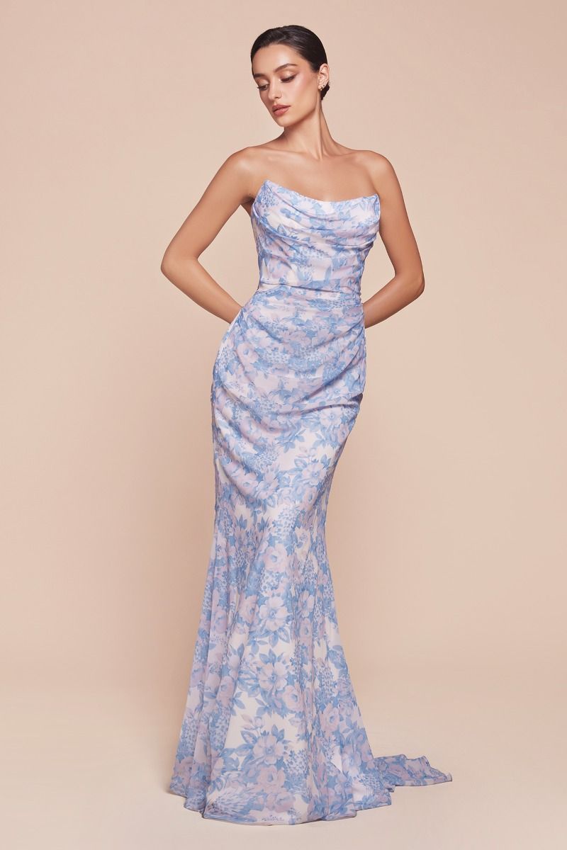 MARTA GOWN Blue Strapless Floral Printed Soft Chiffon Dress - Perfect for Weddings, Parties & Special Occasions