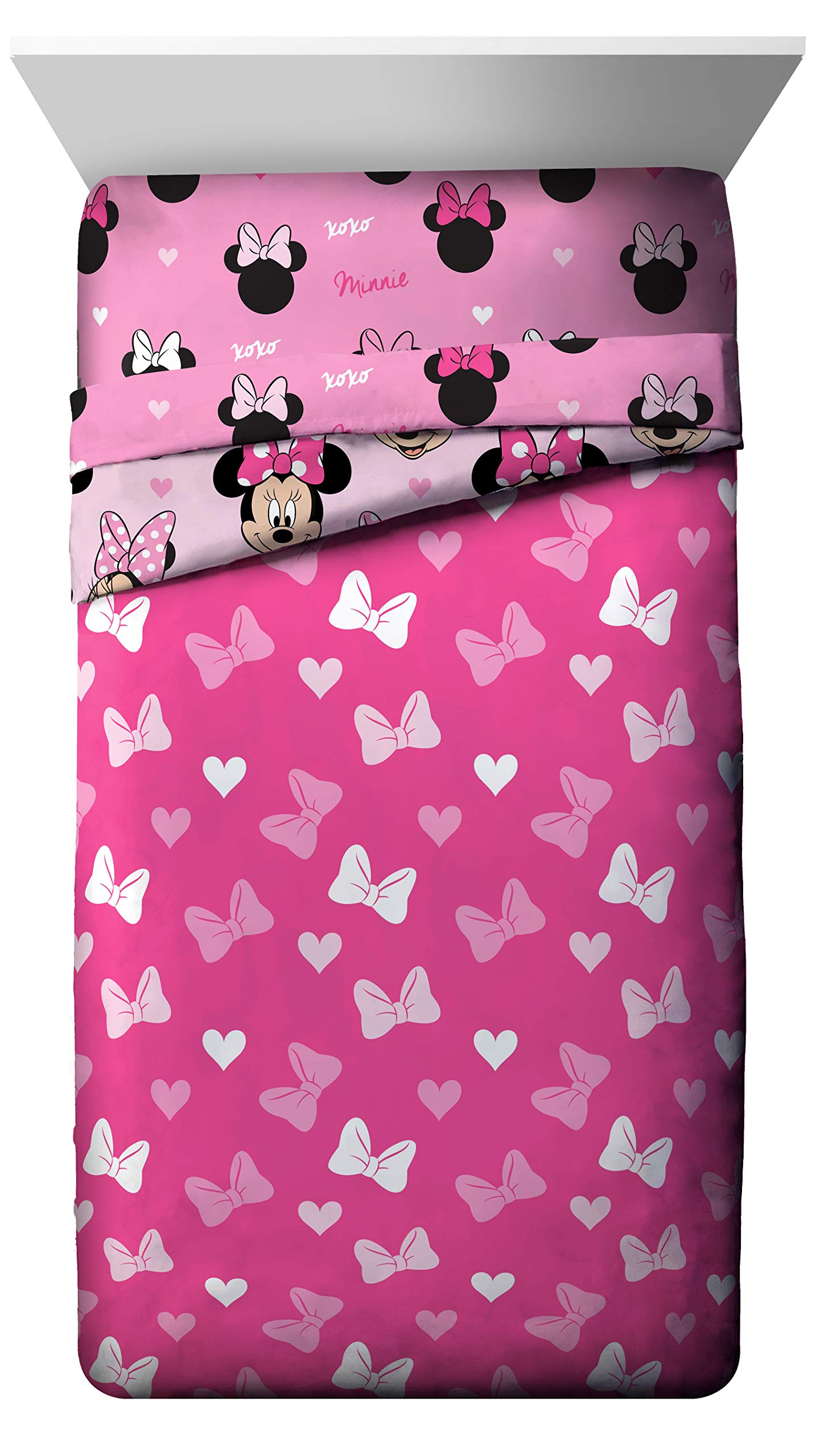 Disney Minnie Mouse Hearts & Love 4-Piece Twin Bedding Set - Reversible Comforter & Sheet Set - Ultra Soft Fade Resistant Microfiber - Official Licensed Disney Product - Perfect for Kids' Bedrooms, Dorm Rooms & Gift Giving