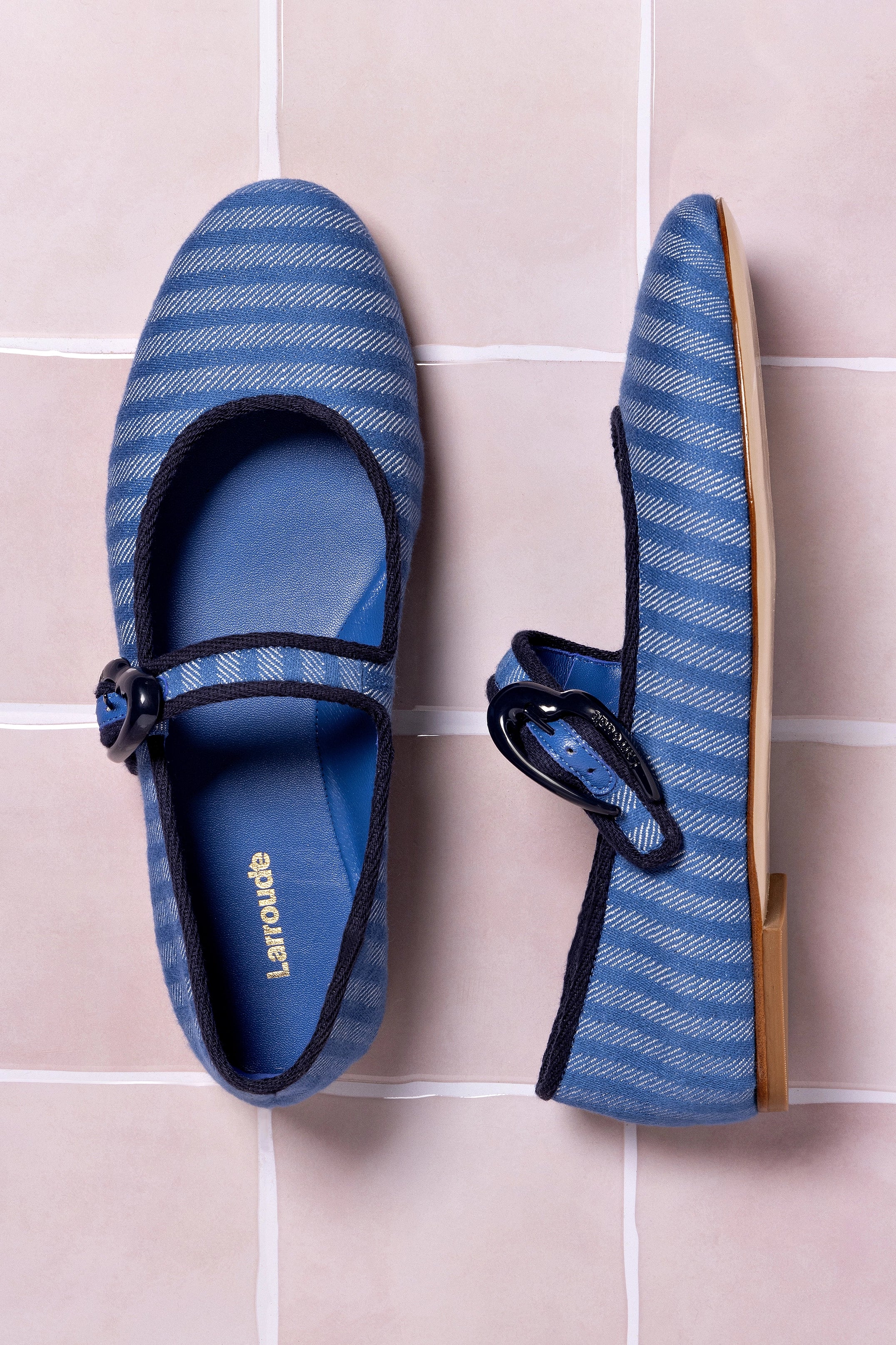 Verona Ballet Flats - Egyptian Blue Striped Fabric with Navy Trimming | Comfortable Women's Casual Shoes for Work, Travel & Everyday Wear