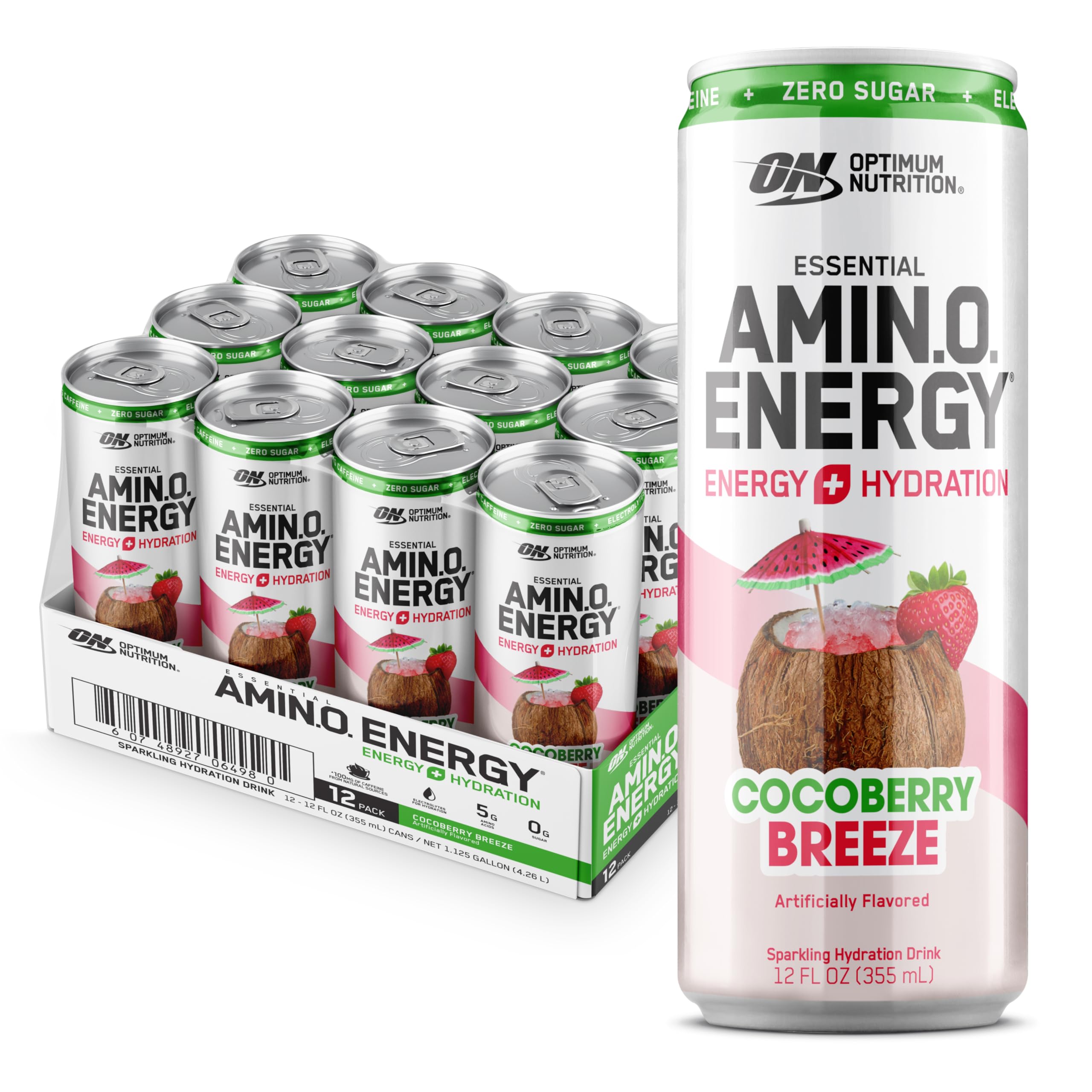 Optimum Nutrition Amino Energy Sparkling Hydration Drink with Electrolytes, Caffeine & BCAAs - Sugar Free Cocoberry Breeze Flavor - 12 Fl Oz Cans (12 Pack) - Perfect for Post-Workout Recovery, Energy Boost & Daily Hydration