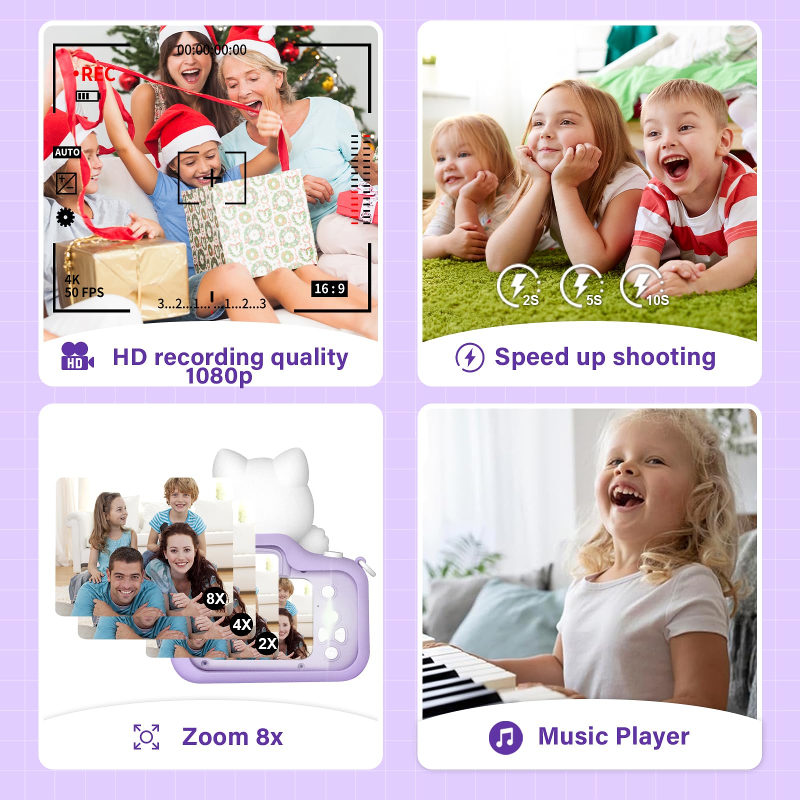 Kids Digital Camera with 1080P HD Video - Best Selfie Camera Toy for Girls & Boys Ages 3-12 - Perfect Christmas Birthday Gift - Fun Educational Toy for Travel, Parties & Outdoor Adventures (Purple)