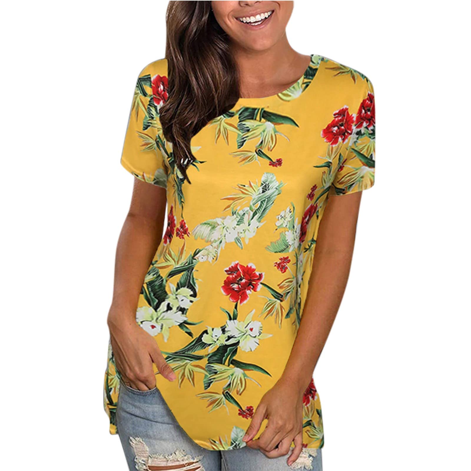 Women's Floral Printed Short Sleeve Crew Neck T-Shirt - Summer Casual Top Blouse for Women | Perfect for Beach Outings, Picnics & Everyday Wear