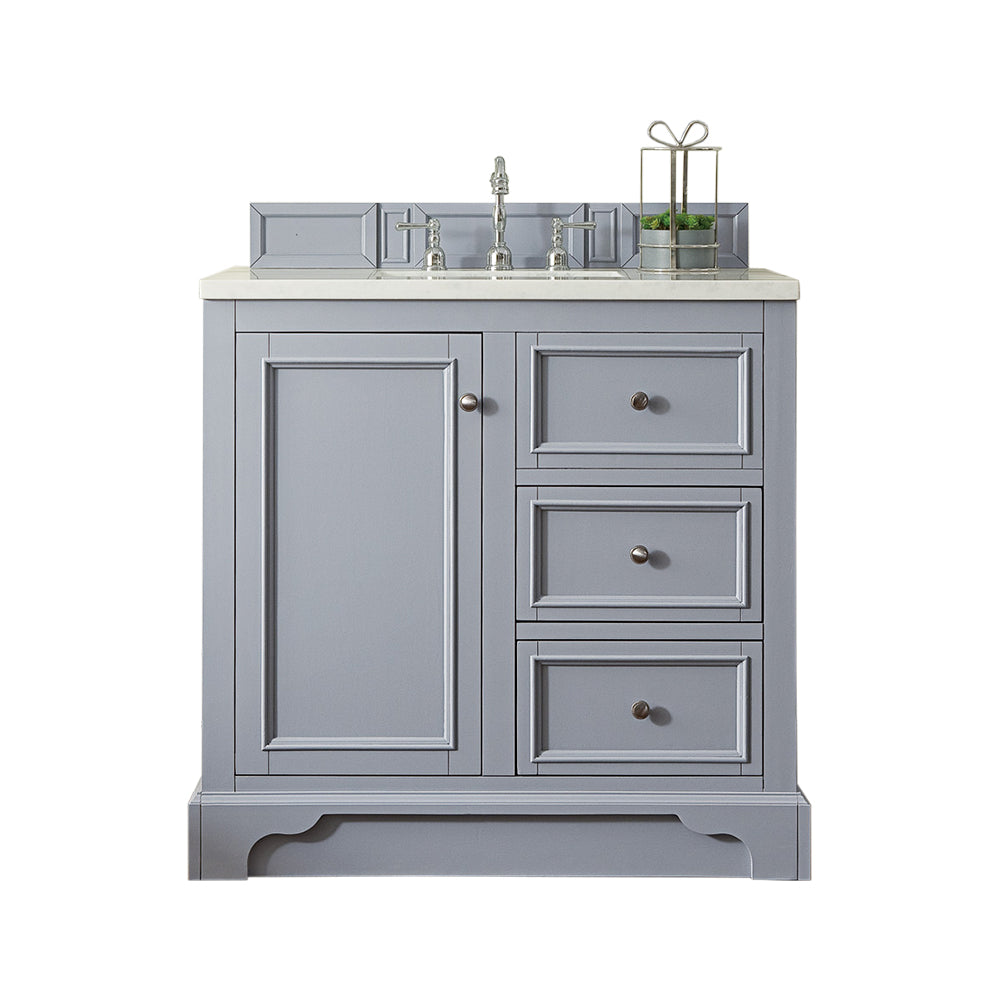 De Soto 36 Inch Single Bathroom Vanity with 3CM Classic White Quartz Countertop - Silver Gray Finish for Modern Home & Apartment Renovation