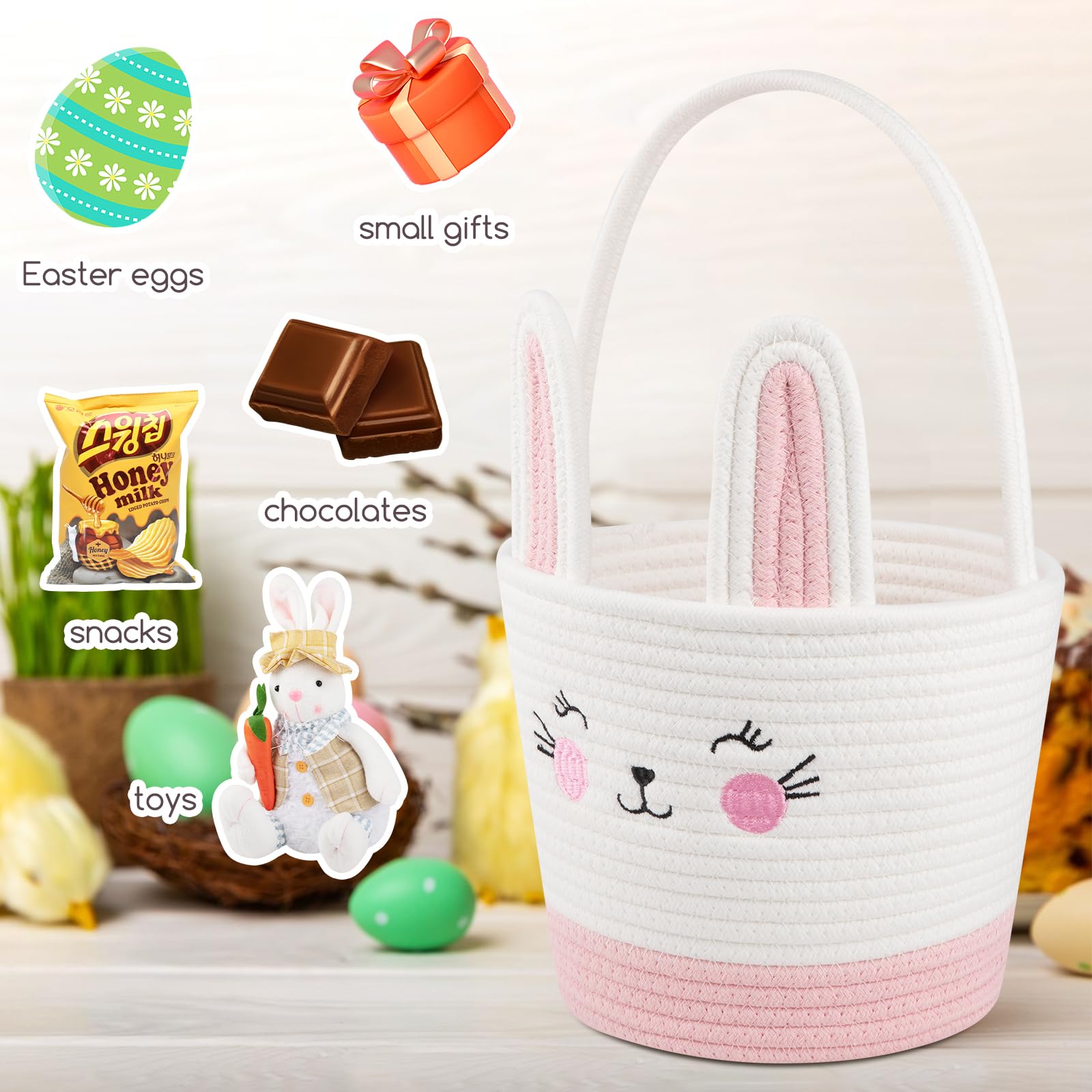Personalized Easter Basket for Toddlers - Woven Baby Easter Gift Basket with Handle - Empty Bunny Egg Basket for Girls, Boys & Kids - Pink & White - Perfect for Easter Egg Hunts, Party Favors & Spring Decorations