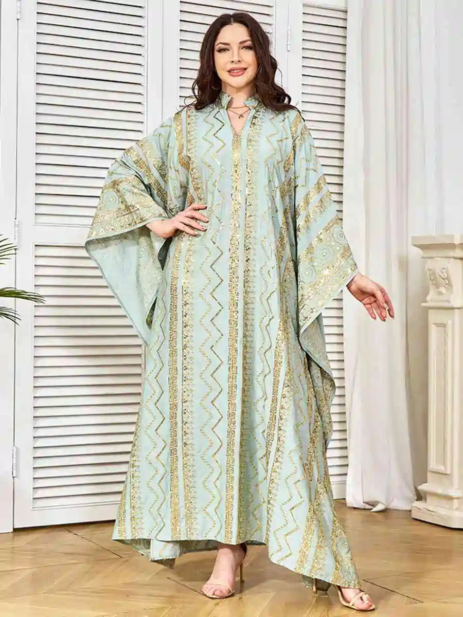 Elegant Eid Sequins Embroidered Batwing Sleeve Farasha Kaftan Dress for Women - Perfect for Eid Celebrations, Parties, and Special Occasions