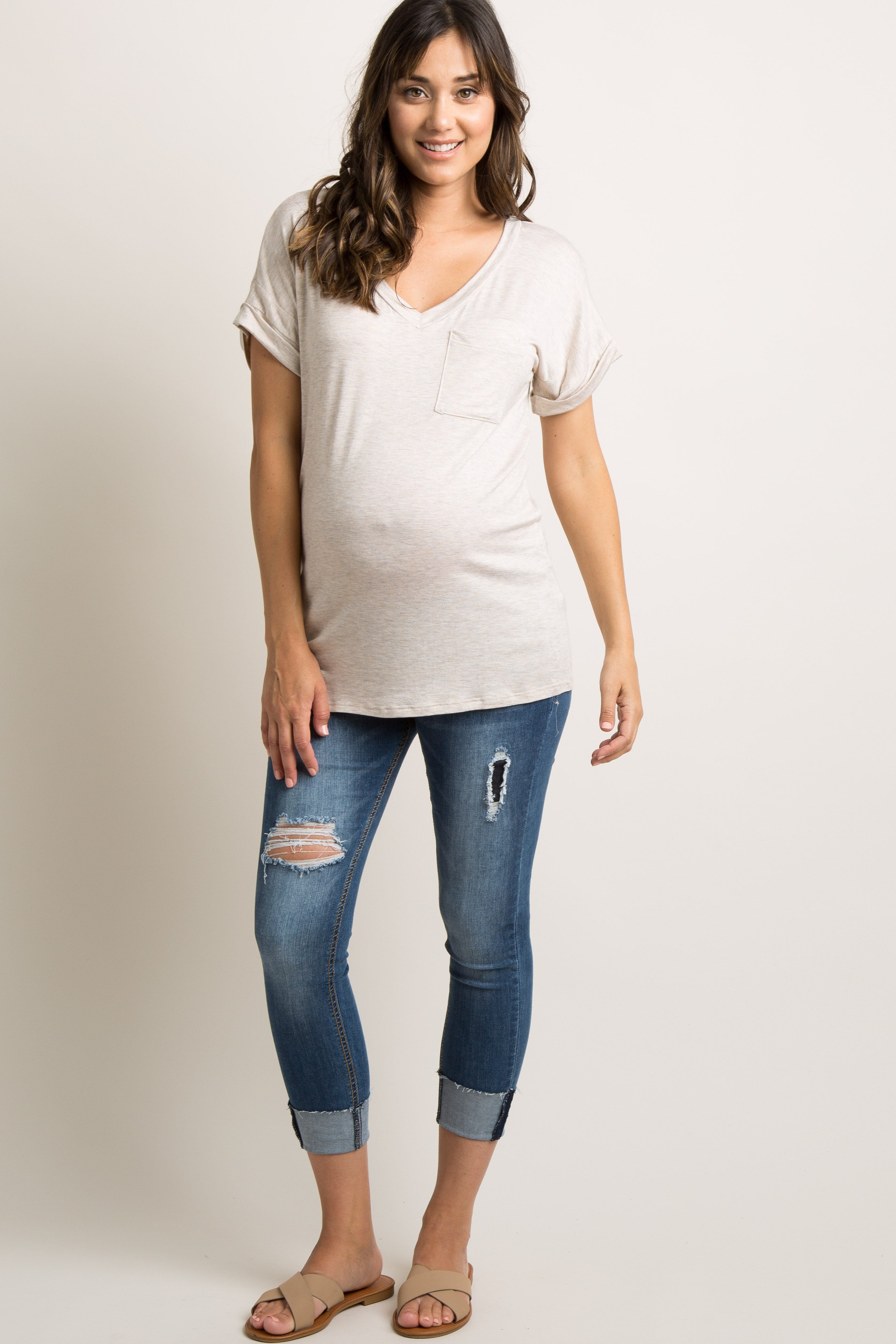 Beige Solid Pocket Maternity Top for Women - Comfortable Pregnancy Shirt with Side Pockets for Everyday Wear | Nursing, Work & Casual Outfits