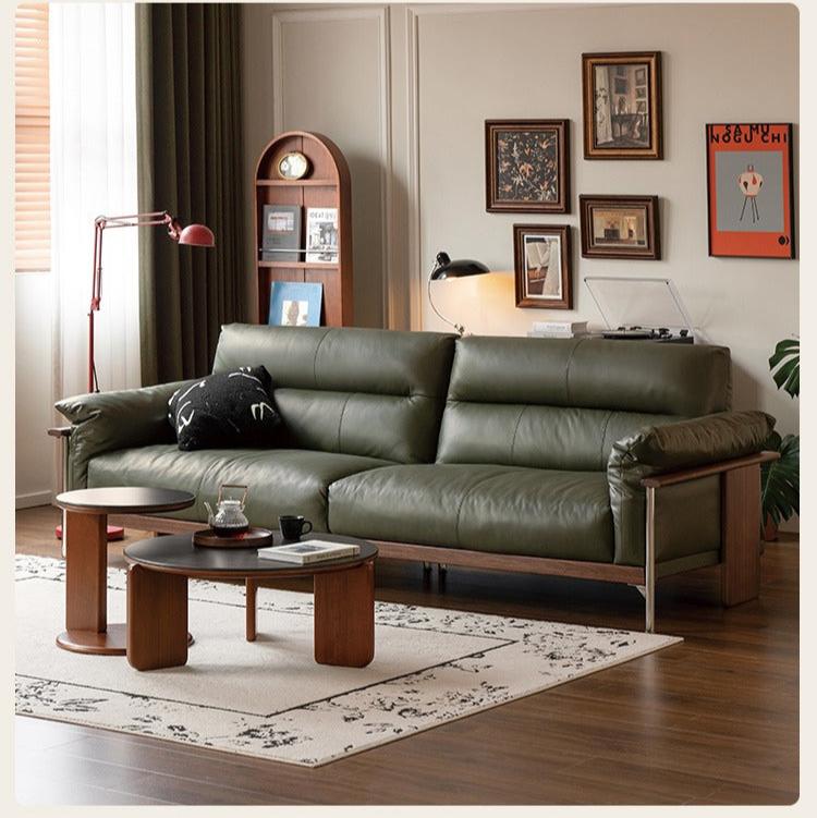 Premium Black Walnut Solid Wood Italian Leather Sofa - Modern Luxury Living Room Furniture for Home & Office Comfort