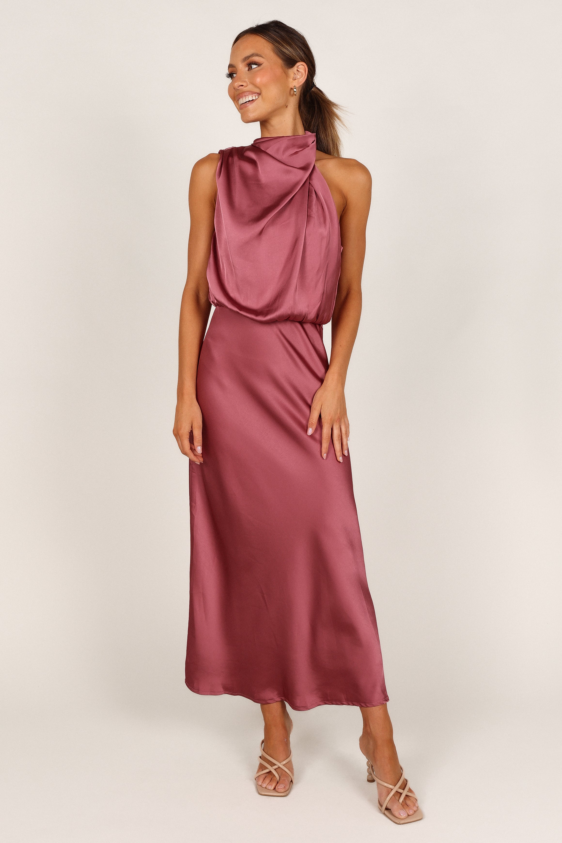 Anabelle Halter Neck Midi Dress in Dusty Rose - Elegant Summer Wedding Guest Dress & Casual Party Outfit