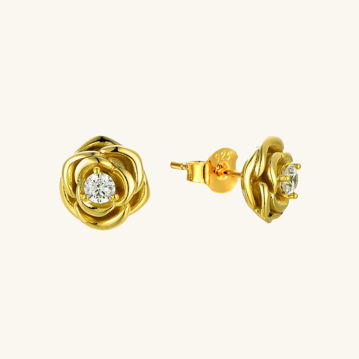 Golden Rose Stud Earrings for Women - 14K Gold Plated Floral Earrings for Daily Wear, Gift Giving & Special Occasions