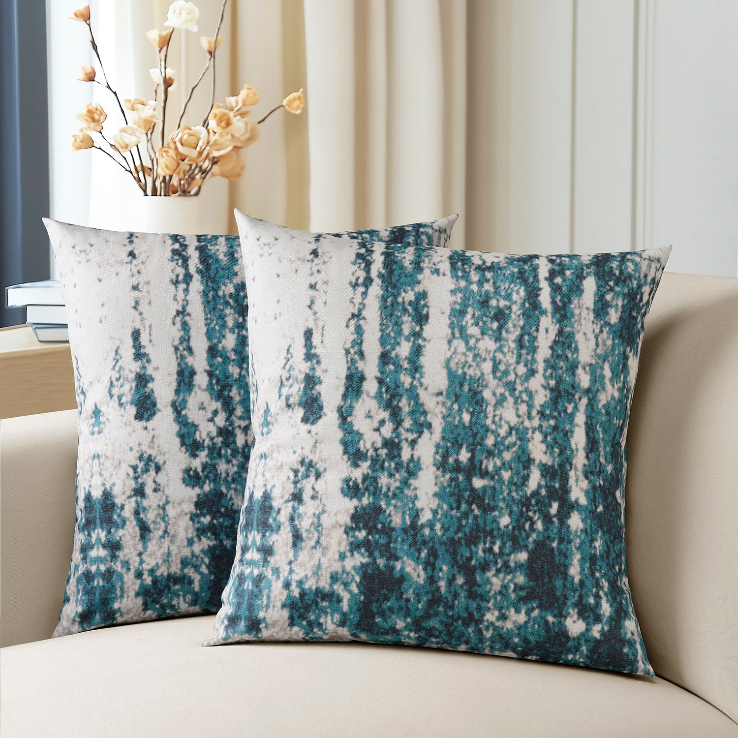 Ocean Blue Abstract Textured Printed Cotton Cushion Covers Set of 2 - Soft Decorative Throw Pillow Covers for Sofa, Bed, Living Room & Home Decor