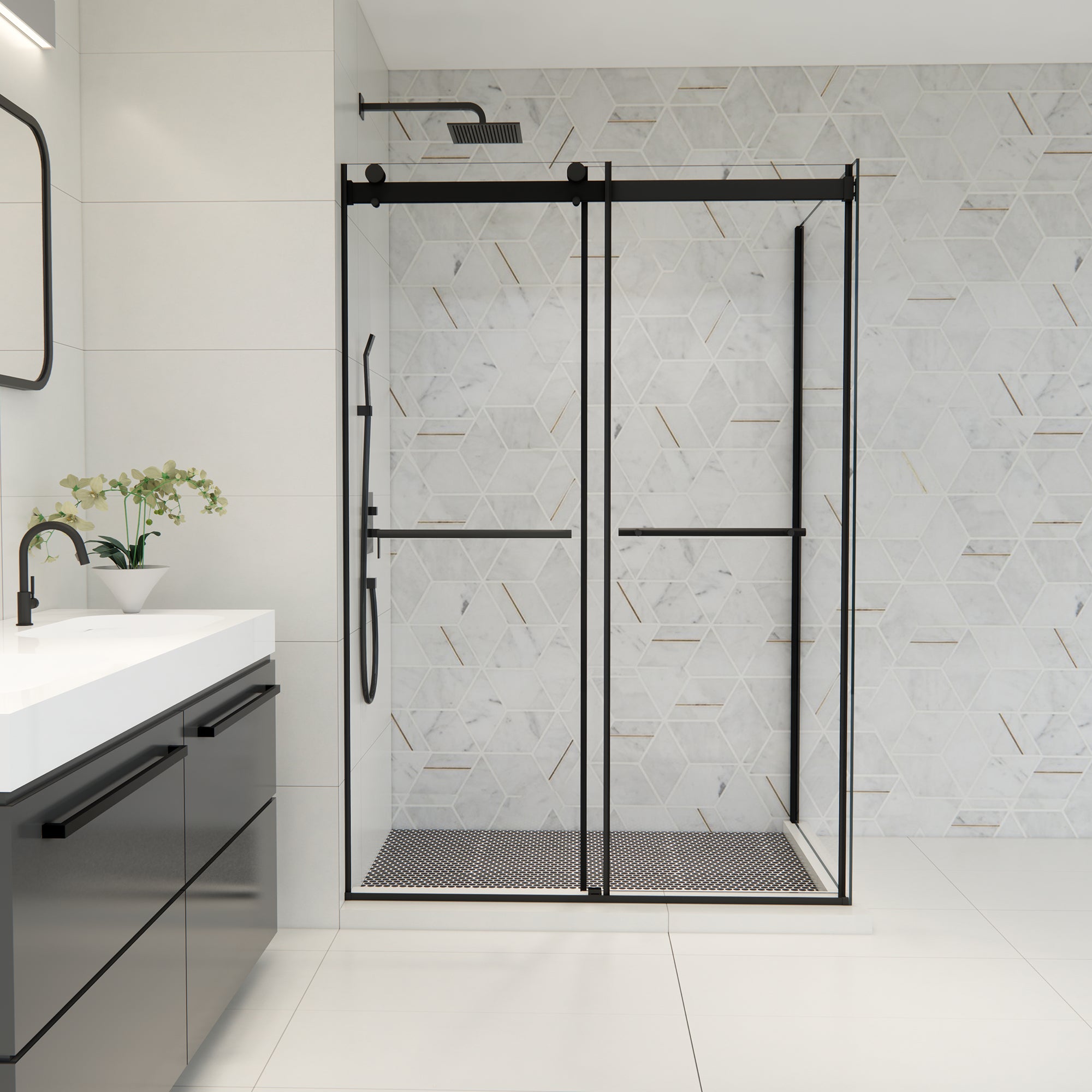 Belizzi Frameless Matte Black Roller Shower Door - Clear Glass Exposed Bypass Enclosure for Modern Bathrooms | Waterproof & Easy to Clean