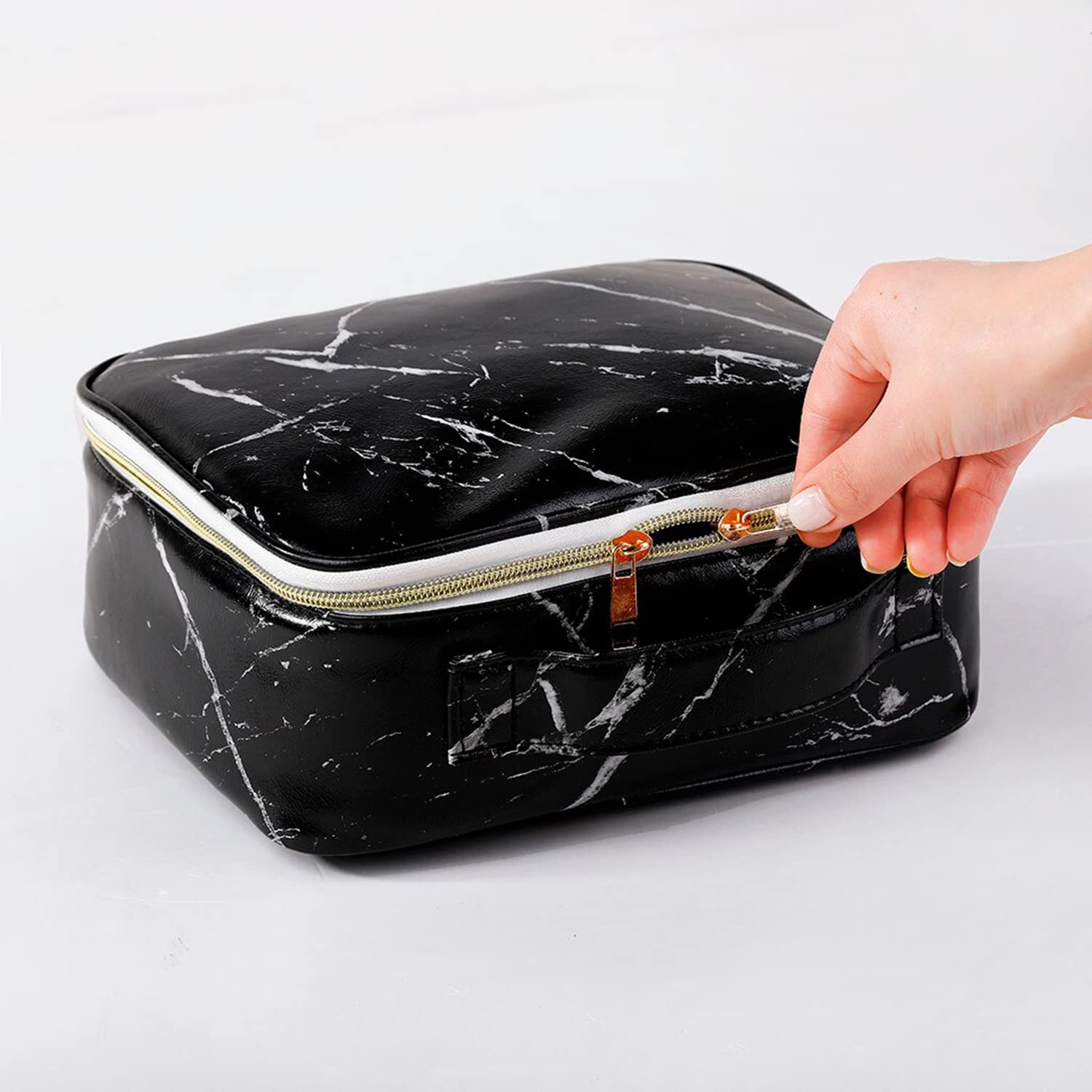 Favria Portable Travel Makeup Bag for Women - Waterproof Cosmetic Organizer with Dividers, Black Marble Toiletry Storage Pouch | Perfect for Travel, Gym & Daily Use