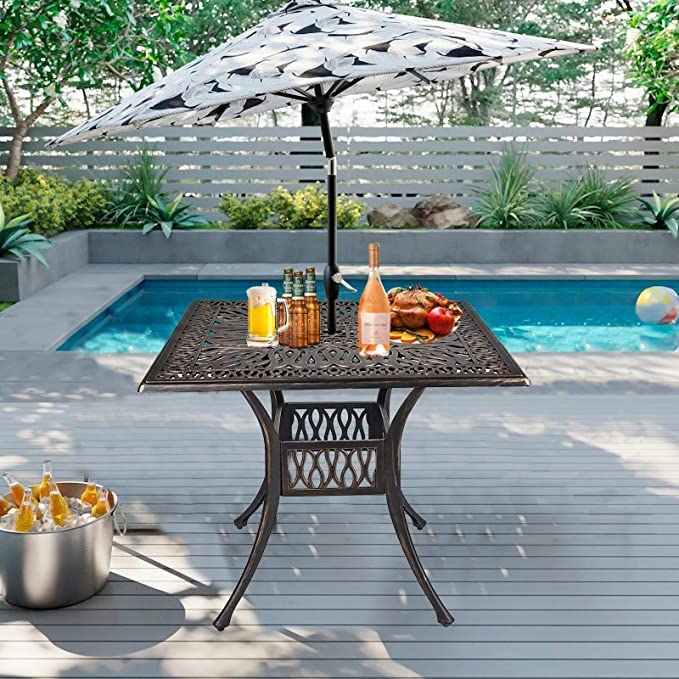 Grepatio 35.4 Inch Square Cast Aluminum Outdoor Dining Table with Umbrella Hole - Compact Bistro Table for Patio, Garden, Deck or Balcony - Antique Bronze Finish Conversation Table for Small Spaces