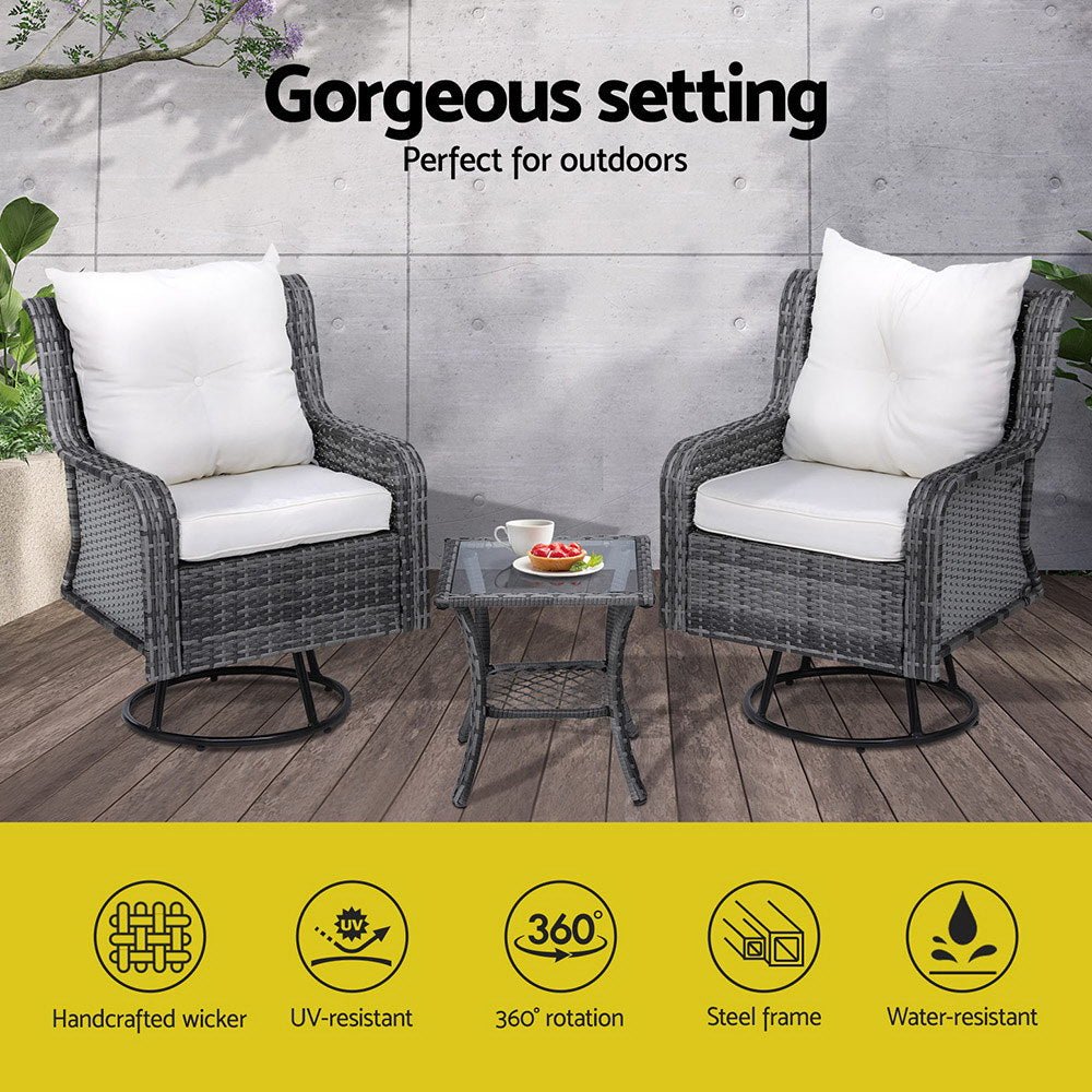 3-Piece Outdoor Patio Furniture Set - Wicker Bistro Table with 2 Swivel Chairs & Cushions in Gray - Perfect for Garden, Balcony, and Poolside Relaxation