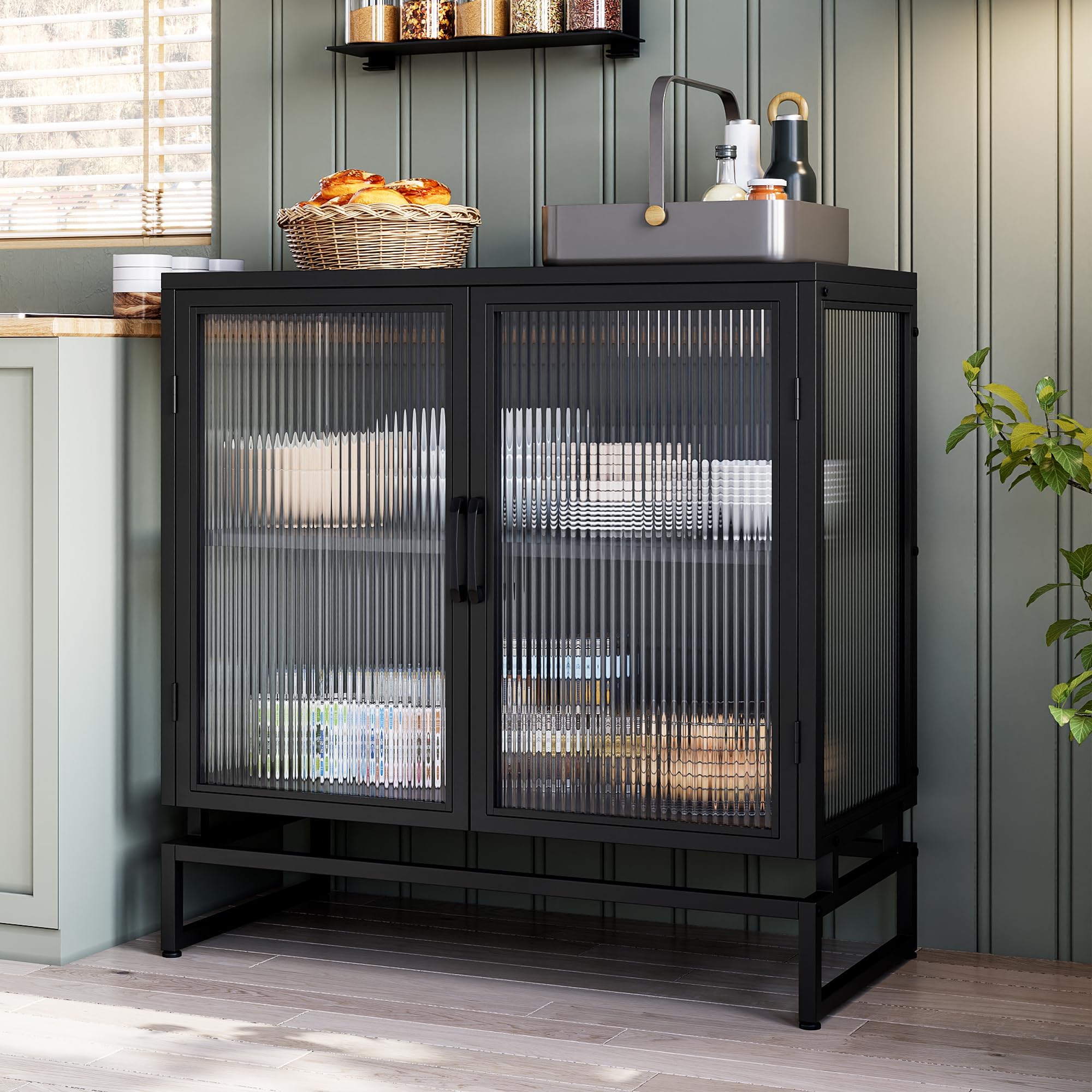 IDEALHOUSE Black Buffet Cabinet with Glass Doors & Adjustable Shelves - Freestanding Kitchen Storage Cabinet for Dining Room, Living Room | Perfect for Displaying China, Storing Linens & Organizing Entertaining Essentials