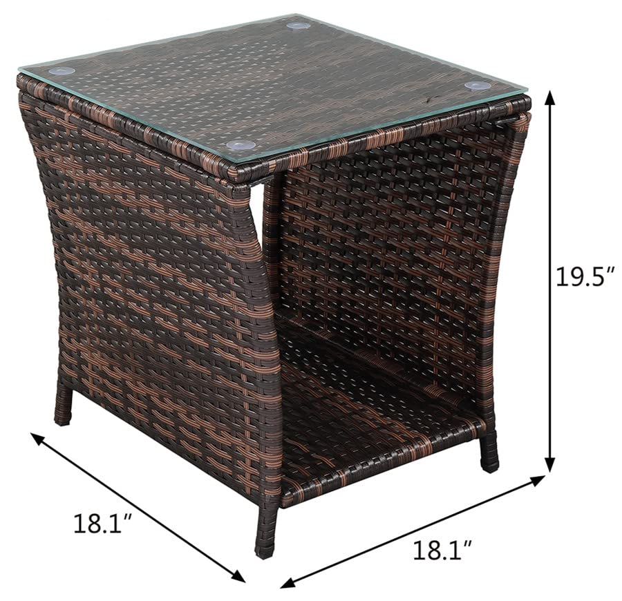 Brown Rattan Side Table with Glass Top - Outdoor Coffee Table for Poolside, Porch & Bedroom