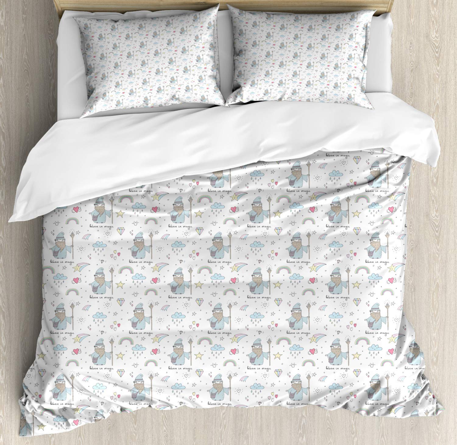 **Ambesonne Magic Themed Duvet Cover Set - King Size 3-Piece Bedding with 2 Pillow Shams, Wizards & Rainbow Stars Design, White & Multicolor - Perfect for Fantasy Lovers & Kids' Bedroom Decor**    *(Use Case: Ideal for Harry Potter fans, magical-themed bedrooms, or adding a whimsical touch to guest rooms and kids' spaces.)*