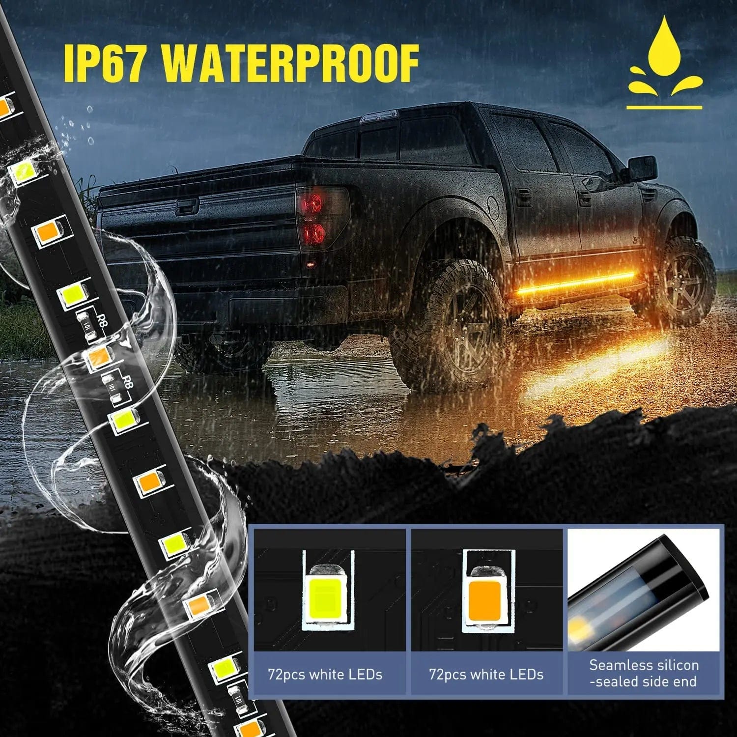 60 Inch 144 LED Running Board Light Strip - Amber & White Dual Color for Trucks & SUVs - Waterproof & Durable for Off-Road & Night Driving