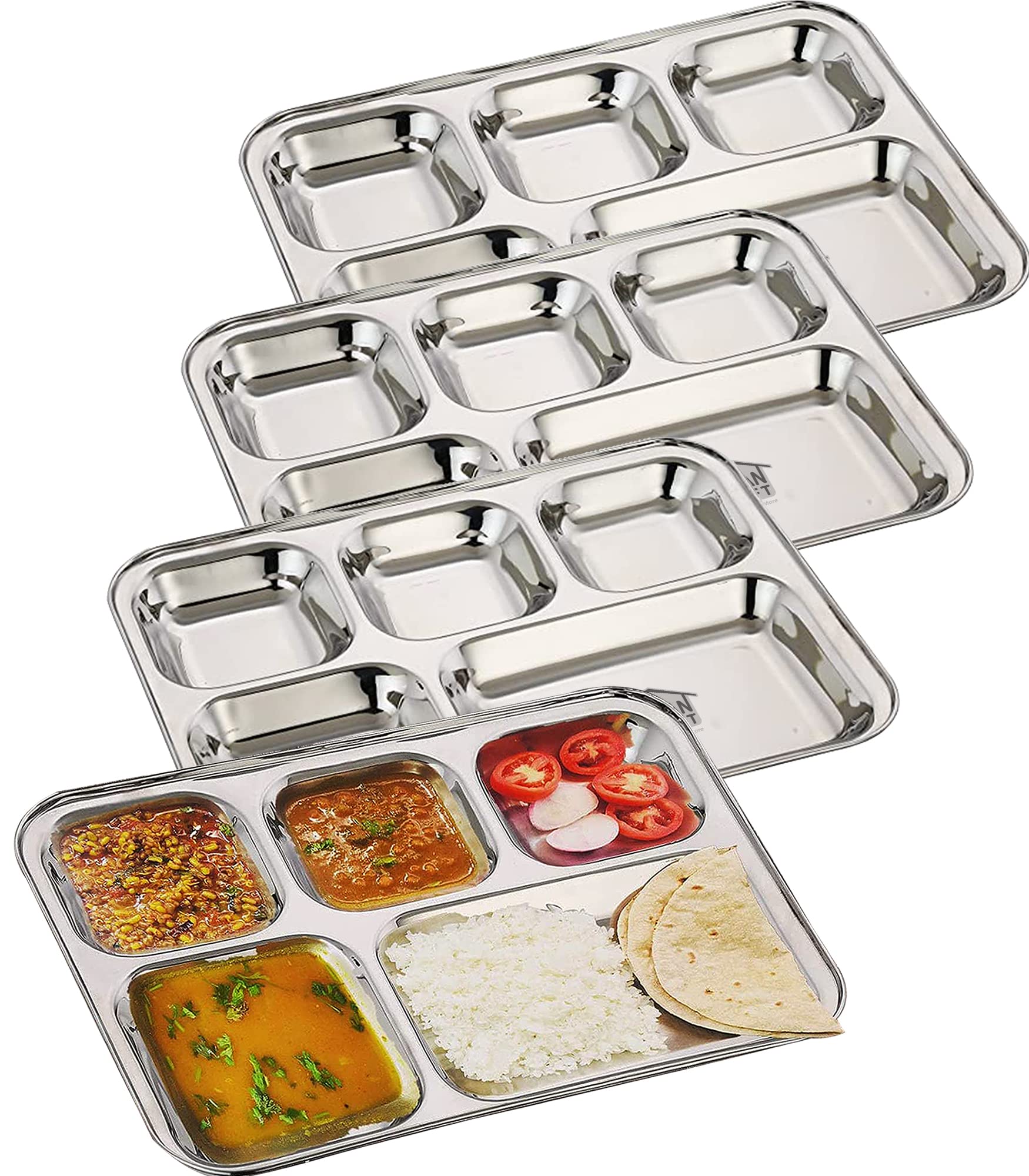 URBAN KRAFT 5-in-1 Stainless Steel Compartment Plates Set of 4 - Deep Divided Thali Trays for Indian Lunch & Dinner | BPA-Free Rectangular Serving Bowls for Home, Restaurant & Party Use