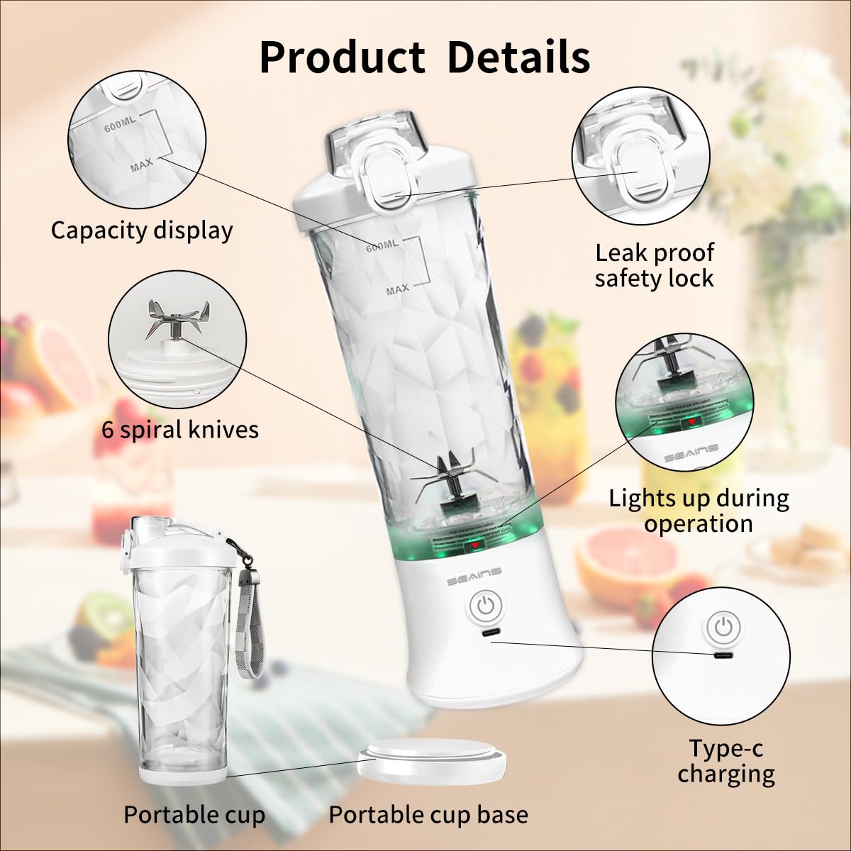 Portable USB Rechargeable Personal Blender - 20oz Travel Cup with Lid, 6 Blades Mini Blender for Smoothies, Protein Shakes & Juices | Perfect for Gym, Kitchen, Camping & Outdoor Activities (White)