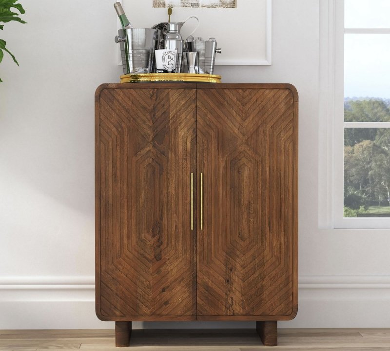 Hand Carved Wooden Bar Cabinet with Geometric Detailing - Vintage Style Home Bar Furniture for Living Room, Dining Room or Man Cave - Perfect for Whiskey, Wine & Cocktail Storage