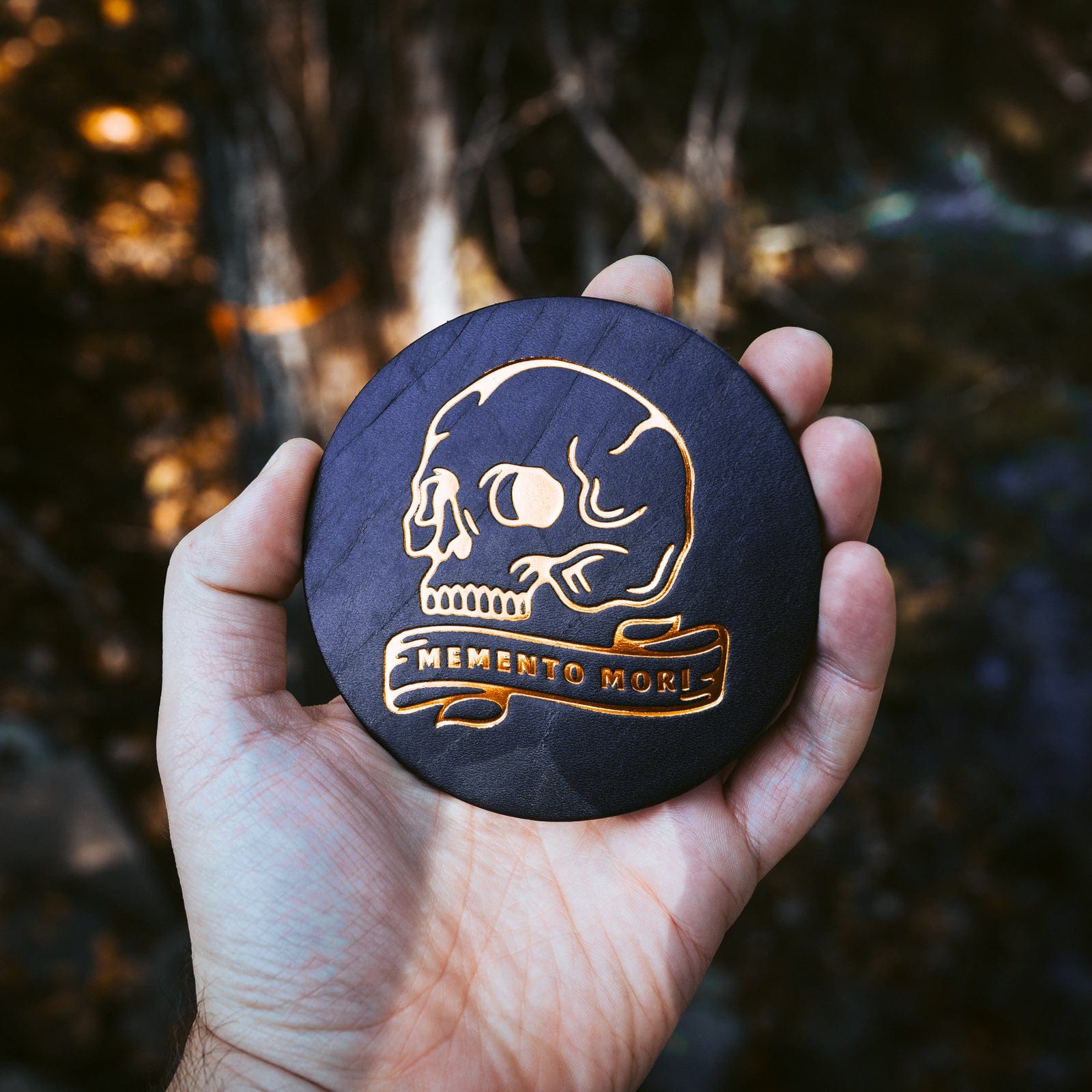 Premium Genuine Leather Coasters Set of 4 - Memento Mori Design - Elegant Drink Coasters for Home Bar, Office Desk & Coffee Table Protection