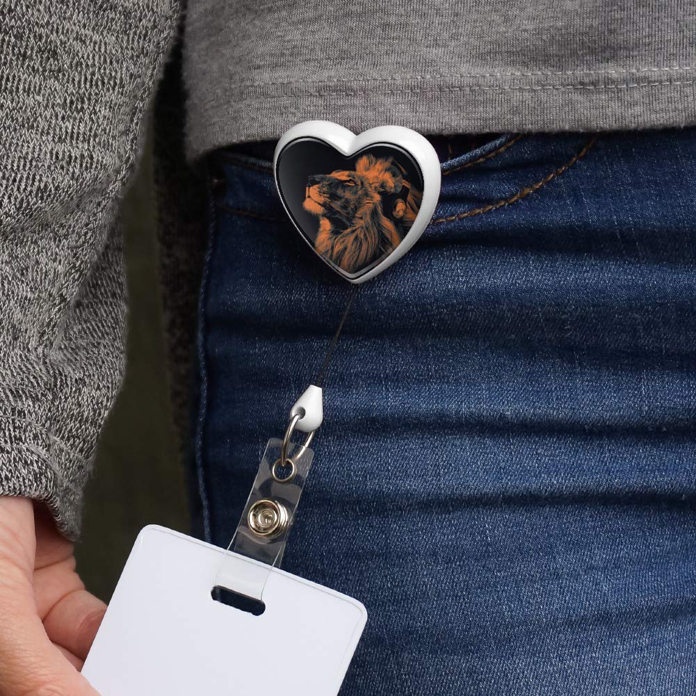 Lion Wearing Headphones Music Heart Lanyard - Retractable Reel Badge ID Card Holder for Work, School & Events - Fun Animal-Themed Accessory for Music Lovers