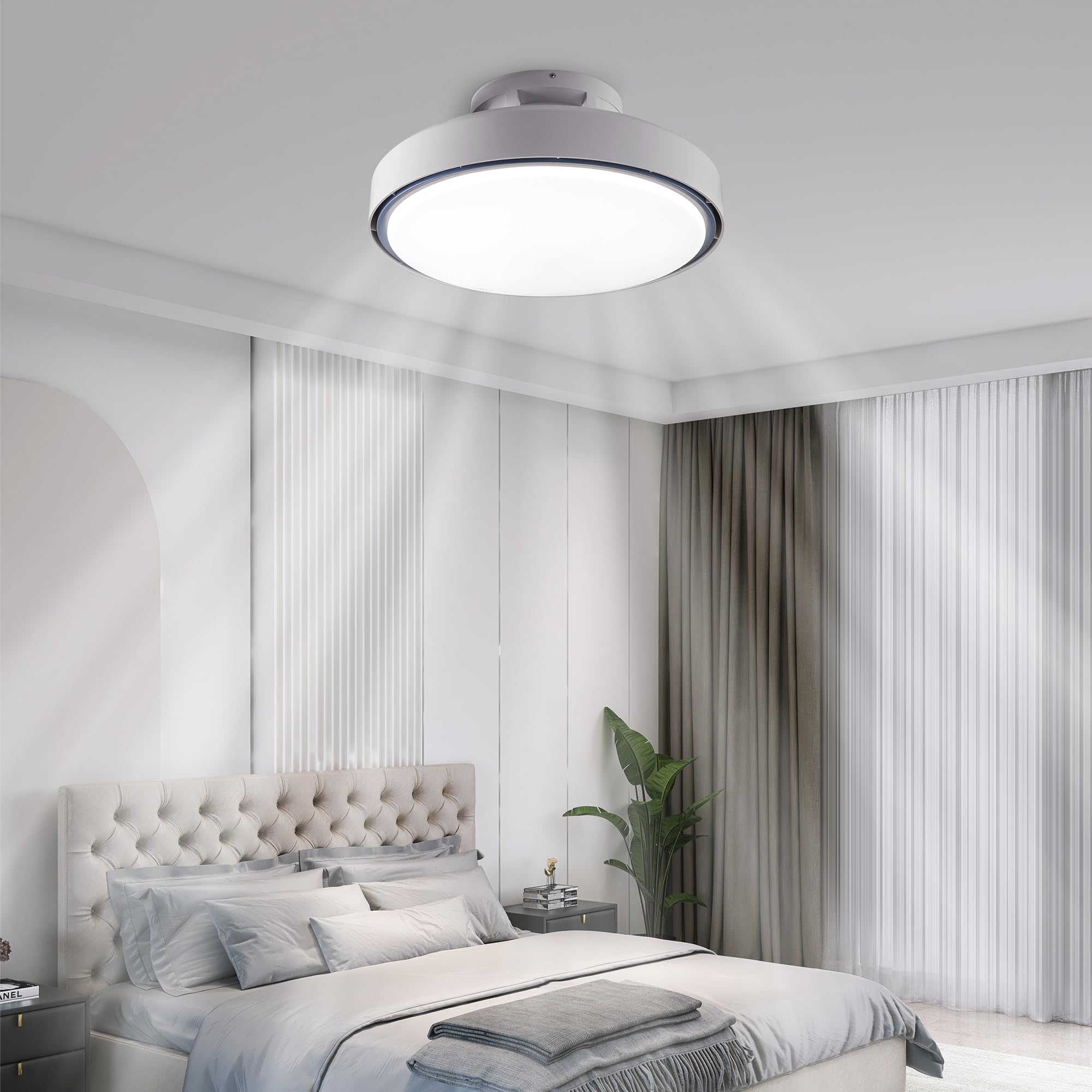 19.8 Inch Flush Mount LED Ceiling Fan with Lights & Remote Control - Dimmable Bladeless Bedroom Fan in White/Grey (3000K-6000K Color Temperature) - Perfect for Small Rooms, Apartments and Low Ceiling Spaces