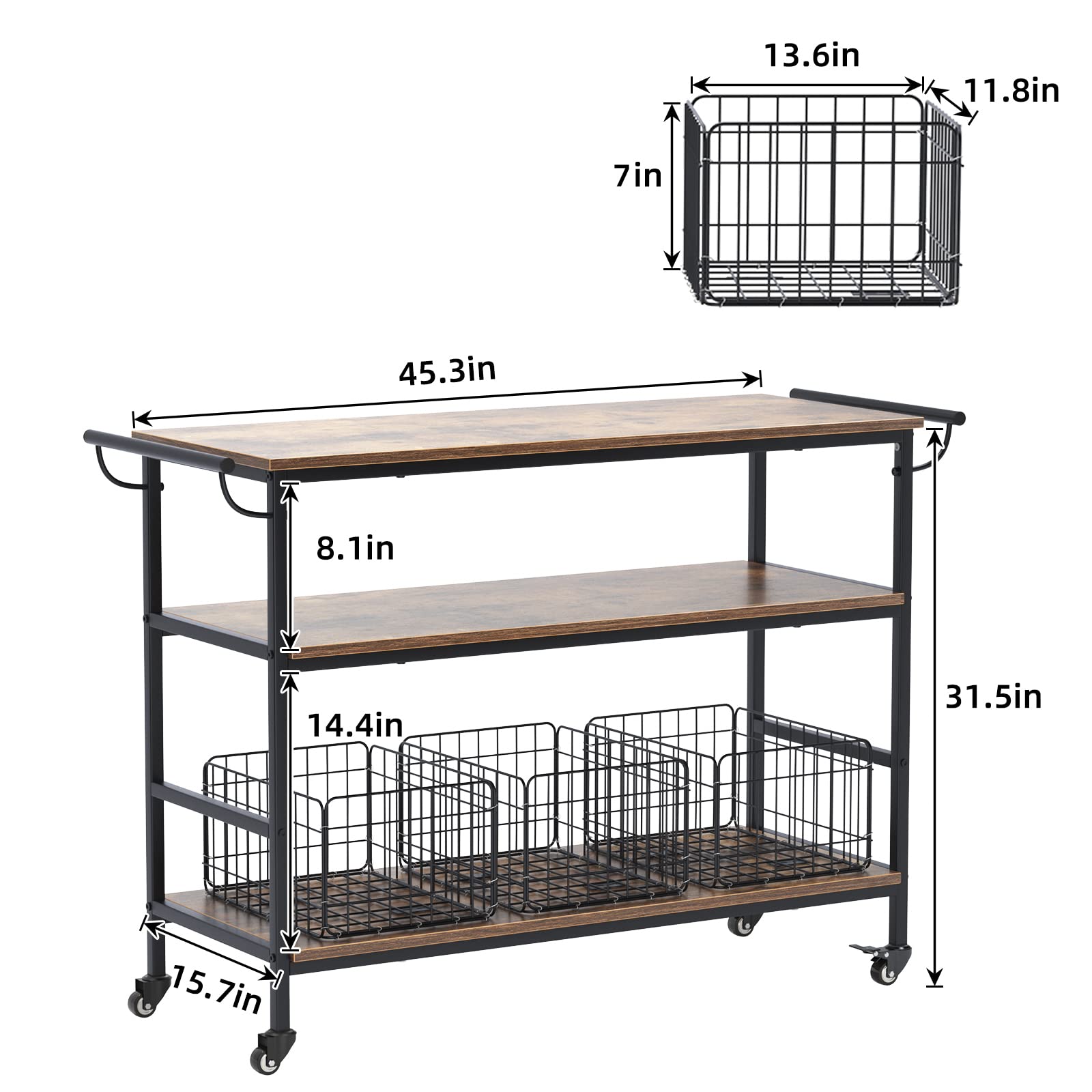 Soges 3-Tier Rolling Kitchen Island Cart with Wheels - 45.3 Inch Mobile Bar Cart with 3 Removable Baskets, Brake Casters & Towel Rack - Perfect for Kitchen Storage, Serving, and Entertaining