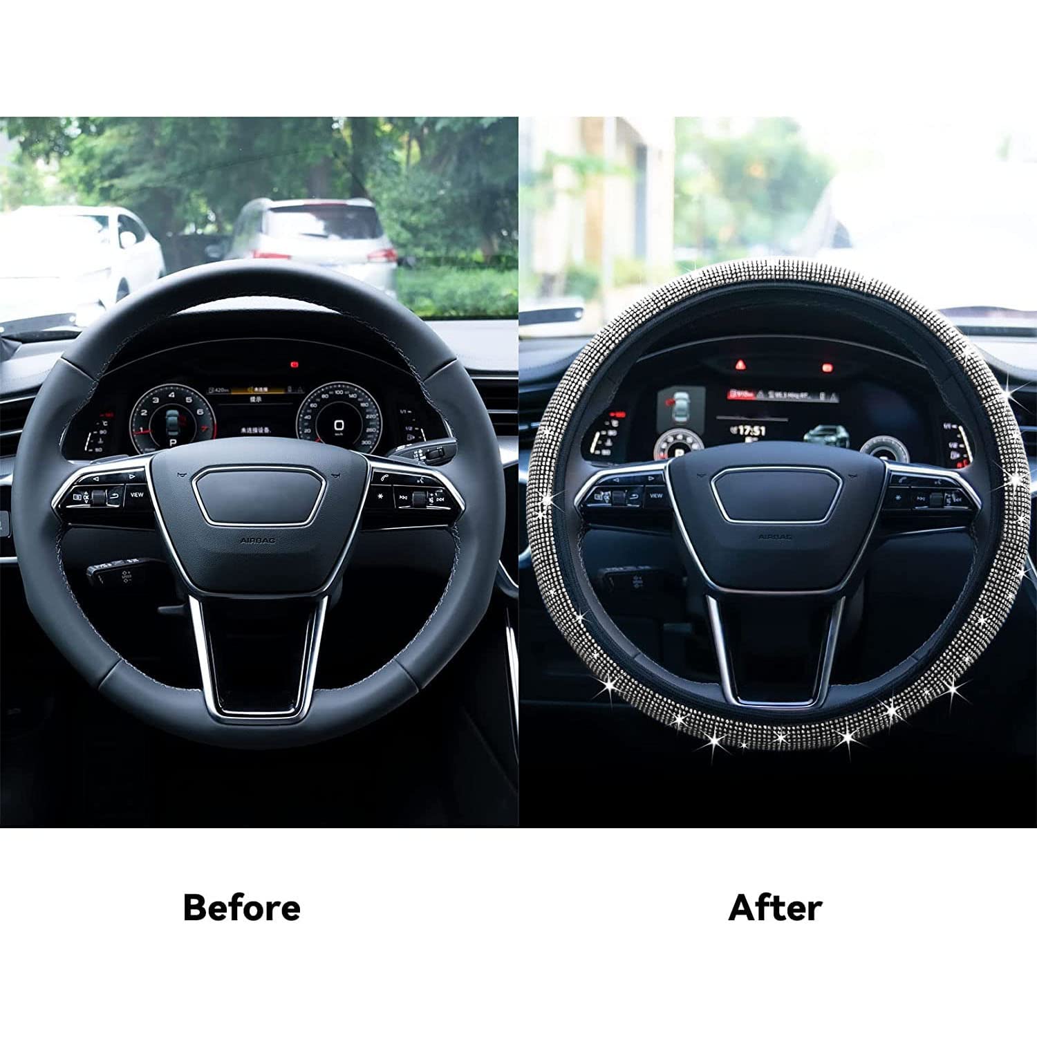 Sparkling Rhinestone Steering Wheel Cover with Crystal Diamonds - Universal Fit 14-15 Inches - Elegant White Car Accessory for Women - Perfect for Luxury Cars, Gifts & Special Occasions