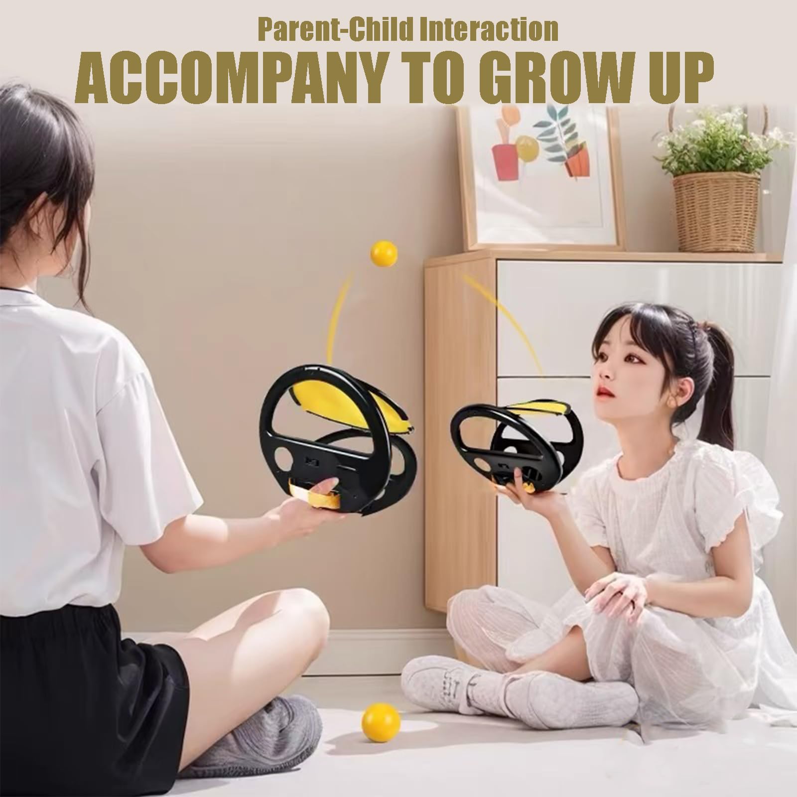 Black and Yellow Toss and Catch Ball Game Set with Racket and Pocket for Outdoor Fun, Beach Toys for Kids and Adults, Perfect for Backyard, Patio, and Park Play