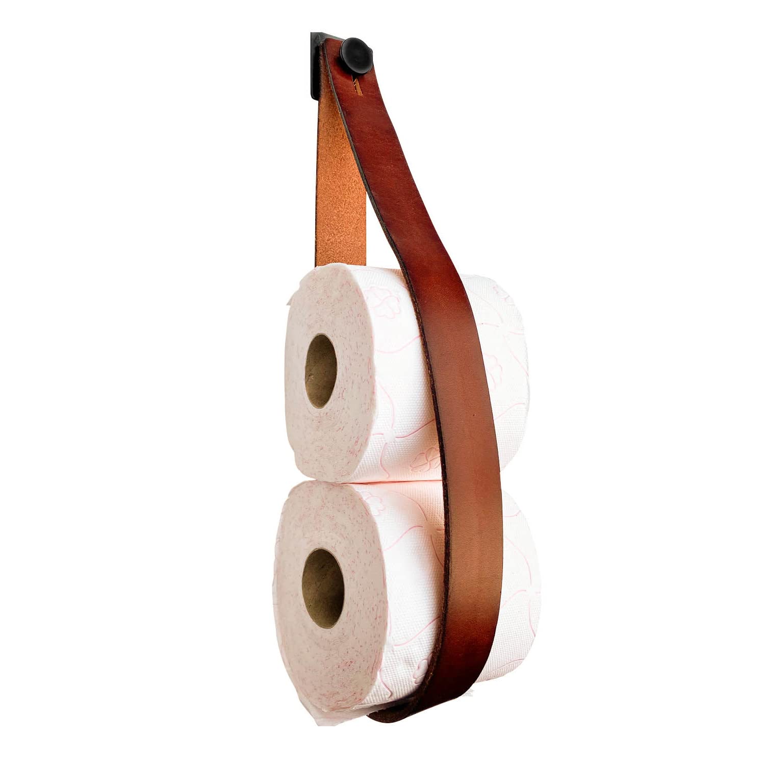 Premium Leather Toilet Paper Holder - No Drill Hanging Bathroom Tissue Roll Dispenser - Genuine Full Grain Leather - Cognac Brown - Ideal for Bathroom, Vanity, Cupboard & RV Use