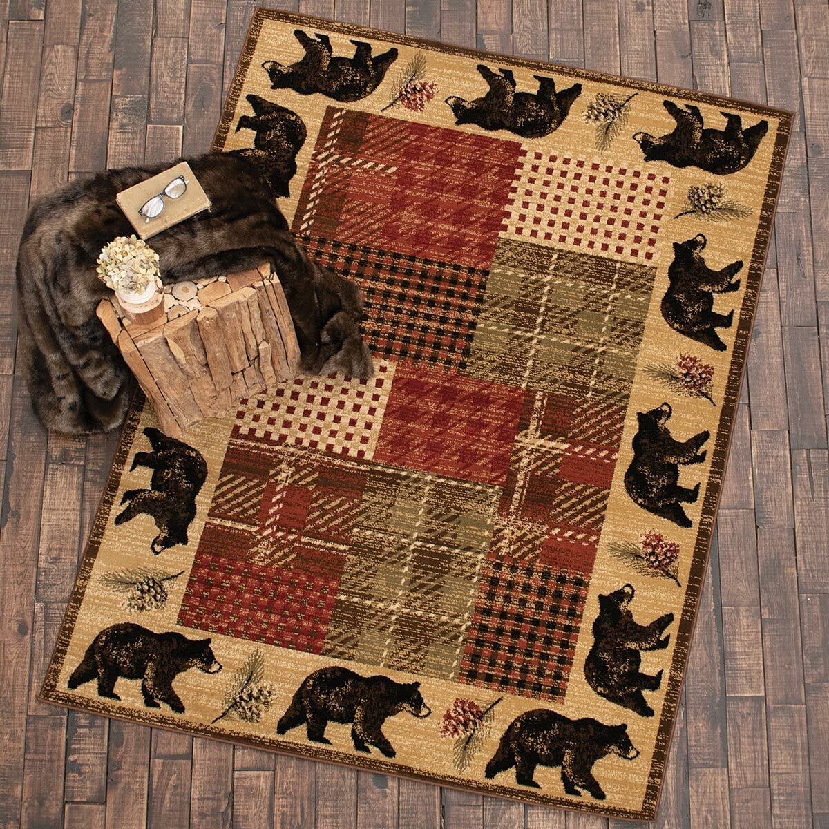Premium Faux Sheepskin Bear Rug - Rustic Cabin Decor, Wildlife Themed Throw Rug for Living Room, Bedroom, or Lodge - Brown/Red Fur Area Rug with Bear Head Design - Perfect for Cozy Home & Hunting Cabin Decor