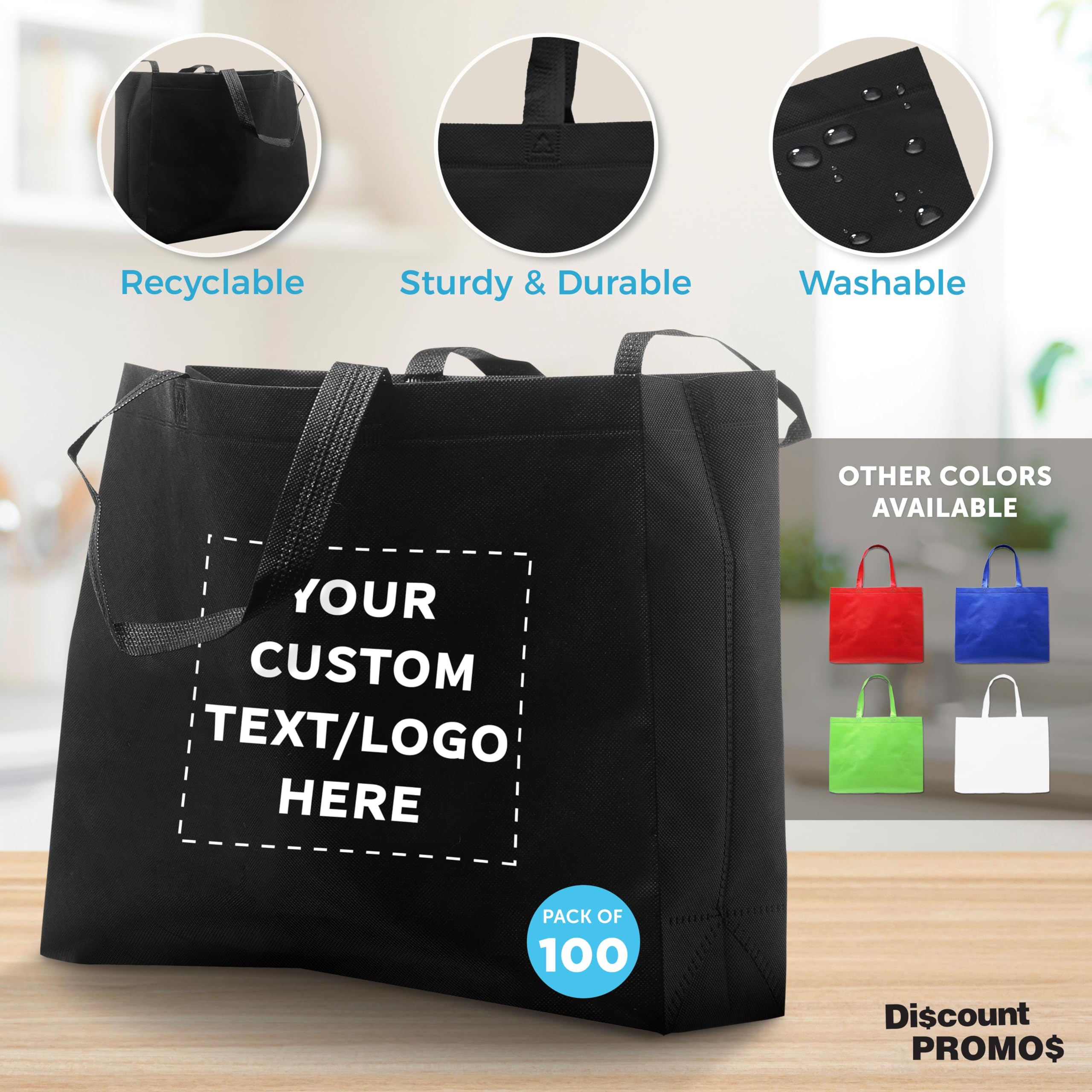 Custom Jumbo Reusable Tote Bags Bulk Pack of 100 - Personalized Grocery & Shopping Bags for Women, Promotional Giveaways - Black | Perfect for Retail Stores, Events, Trade Shows & Eco-Friendly Shopping