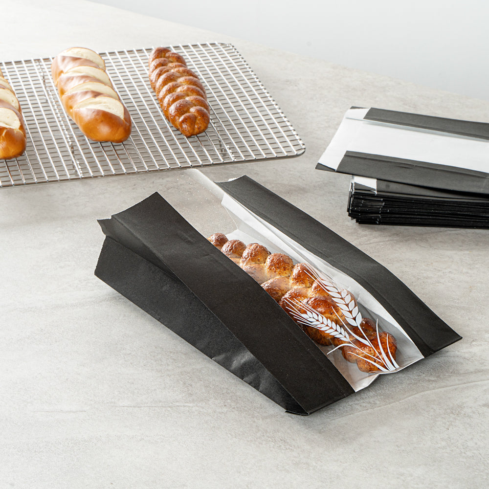 Eco-Friendly Black Paper Bread Bags - Micro Perforated, Greaseproof, Wheat Pattern (6x2.75x10 Inches) - 100 Count Box - Perfect for Bakery, Sandwich Shop & Food Packaging