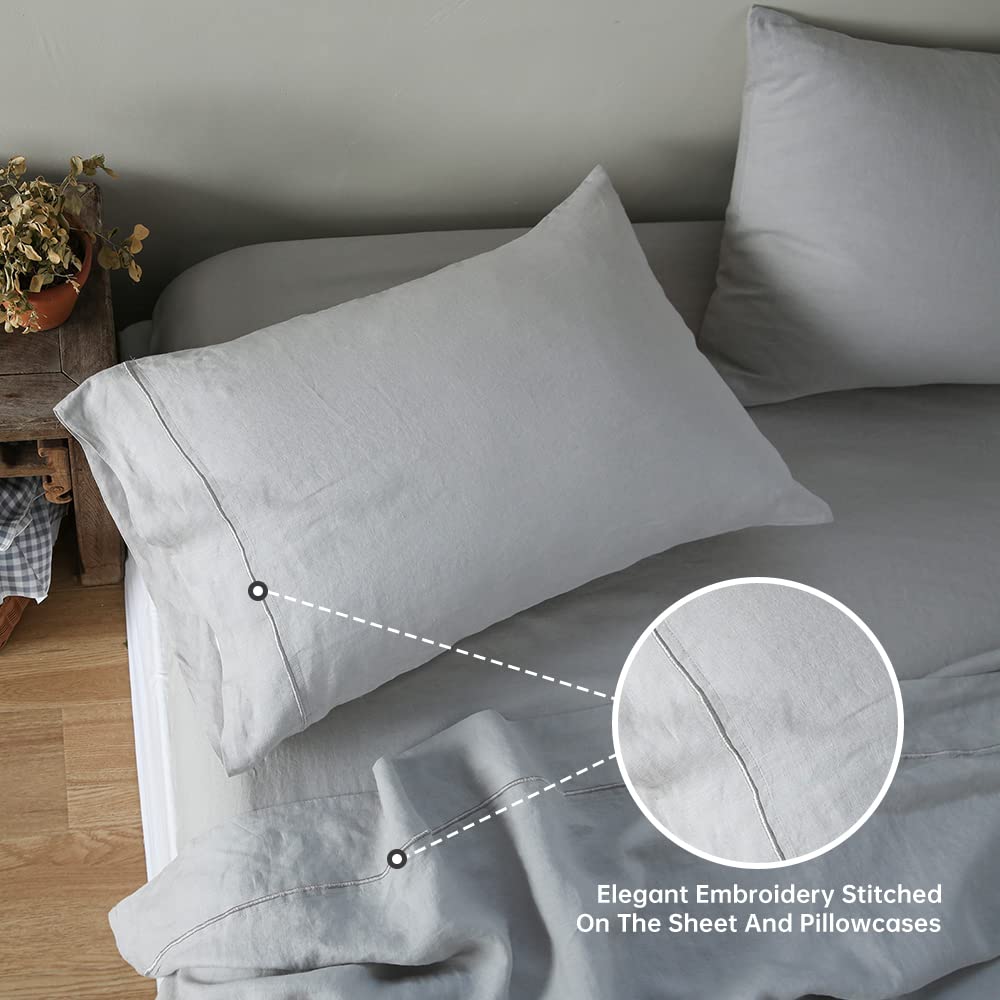 Premium 100% Linen Sheet Set with Elegant Embroidery - 4 Piece King Size Bedding (1 Flat Sheet, 1 Fitted Sheet, 2 Pillowcases) | Natural Flax, Ultra Soft & Breathable | Farmhouse Style Light Grey Bed Sheets for Cozy Sleep & Luxury Home Decor