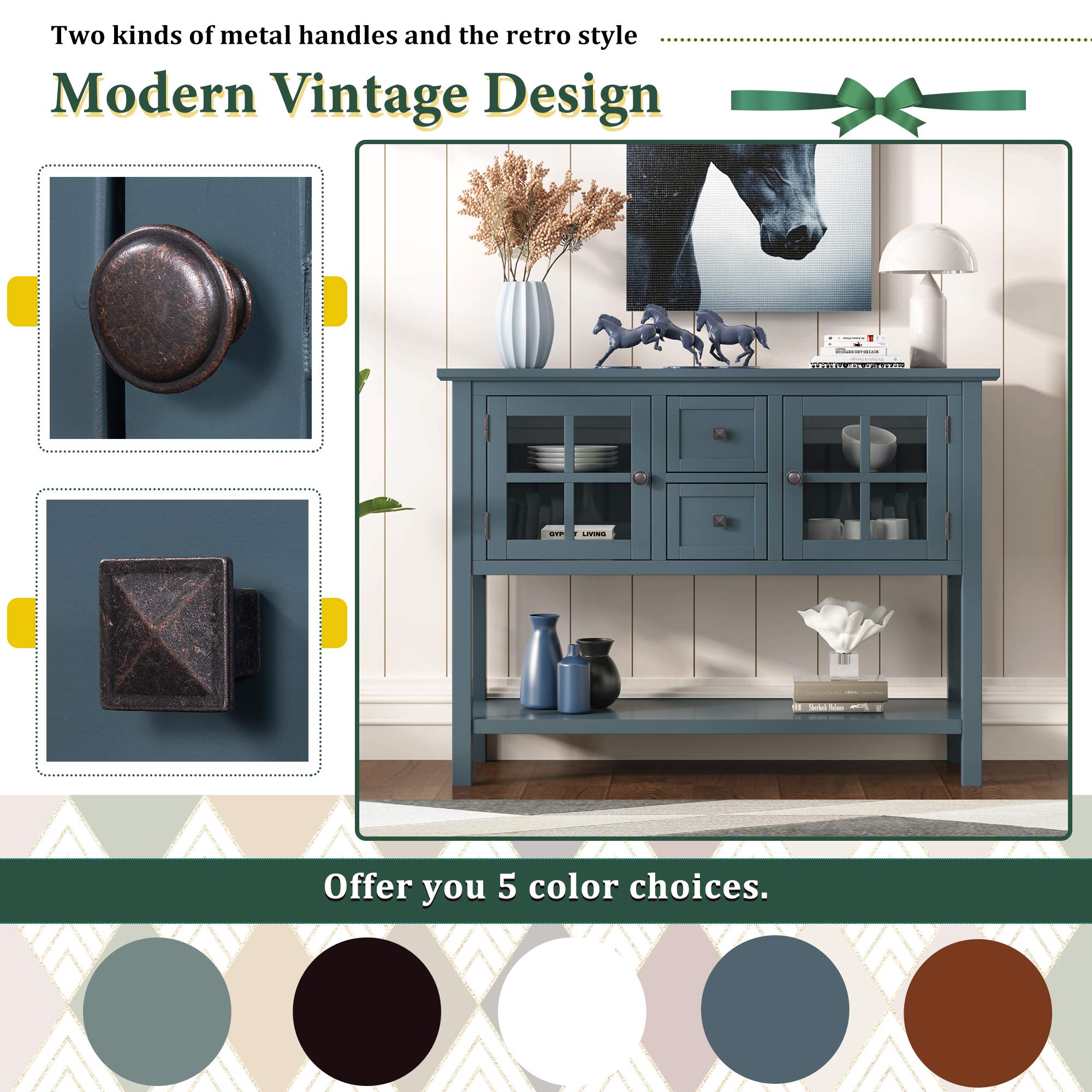 Modern Solid Wood Console Table with 2 Drawers & 2 Cabinets - Entryway Sofa Table with Storage Shelf for Living Room, Bedroom, Hallway - Easy Assembly Blue Wooden Hall Table for Home Decor & Organization