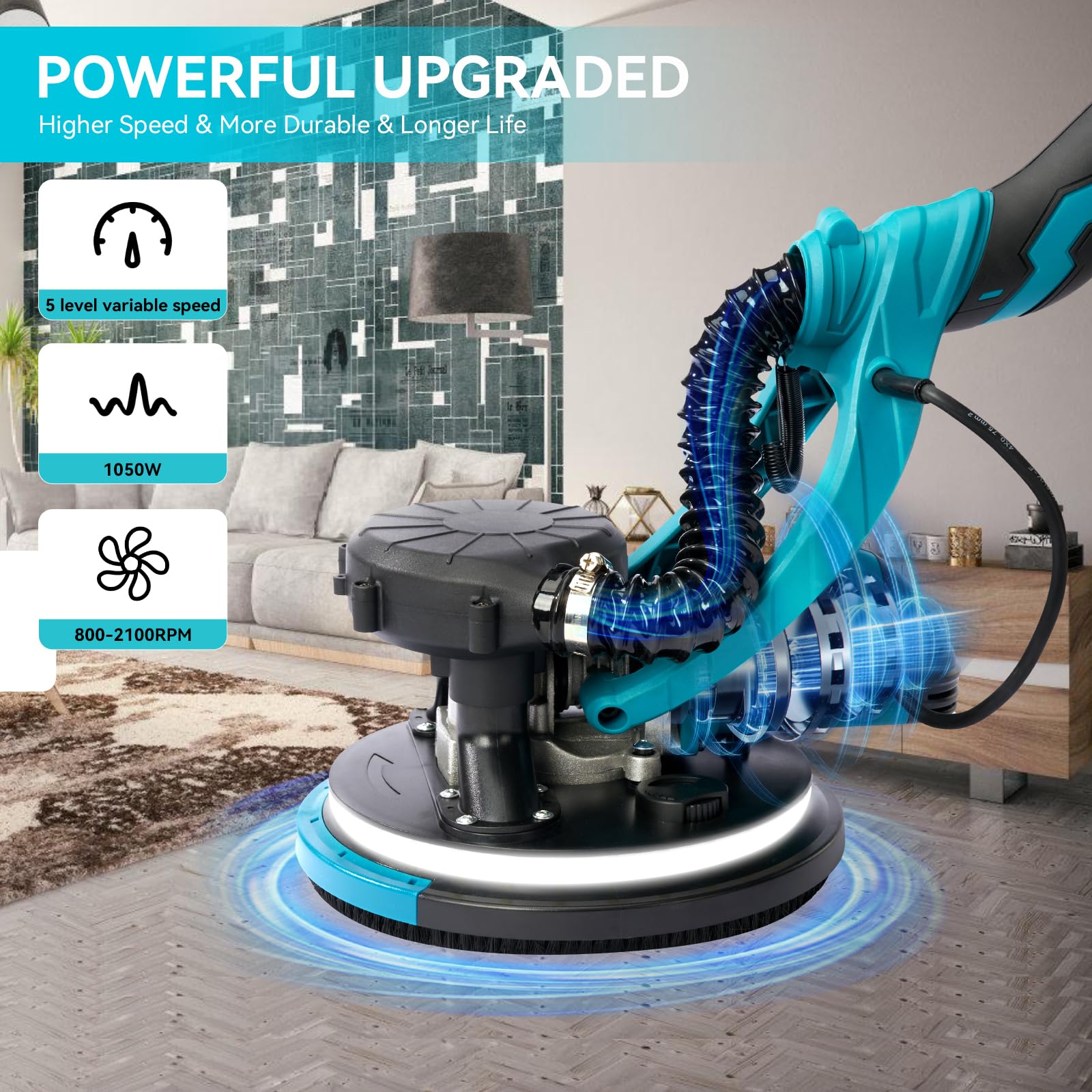 1050W Electric Drywall Sander with Vacuum Dust Collector - 6 Speed 2100RPM, 18 Sanding Discs, Extendable Pole & LED Lights for Smooth Wall Finishing - Perfect for Home Renovation, Drywall Repair and Professional Construction Projects