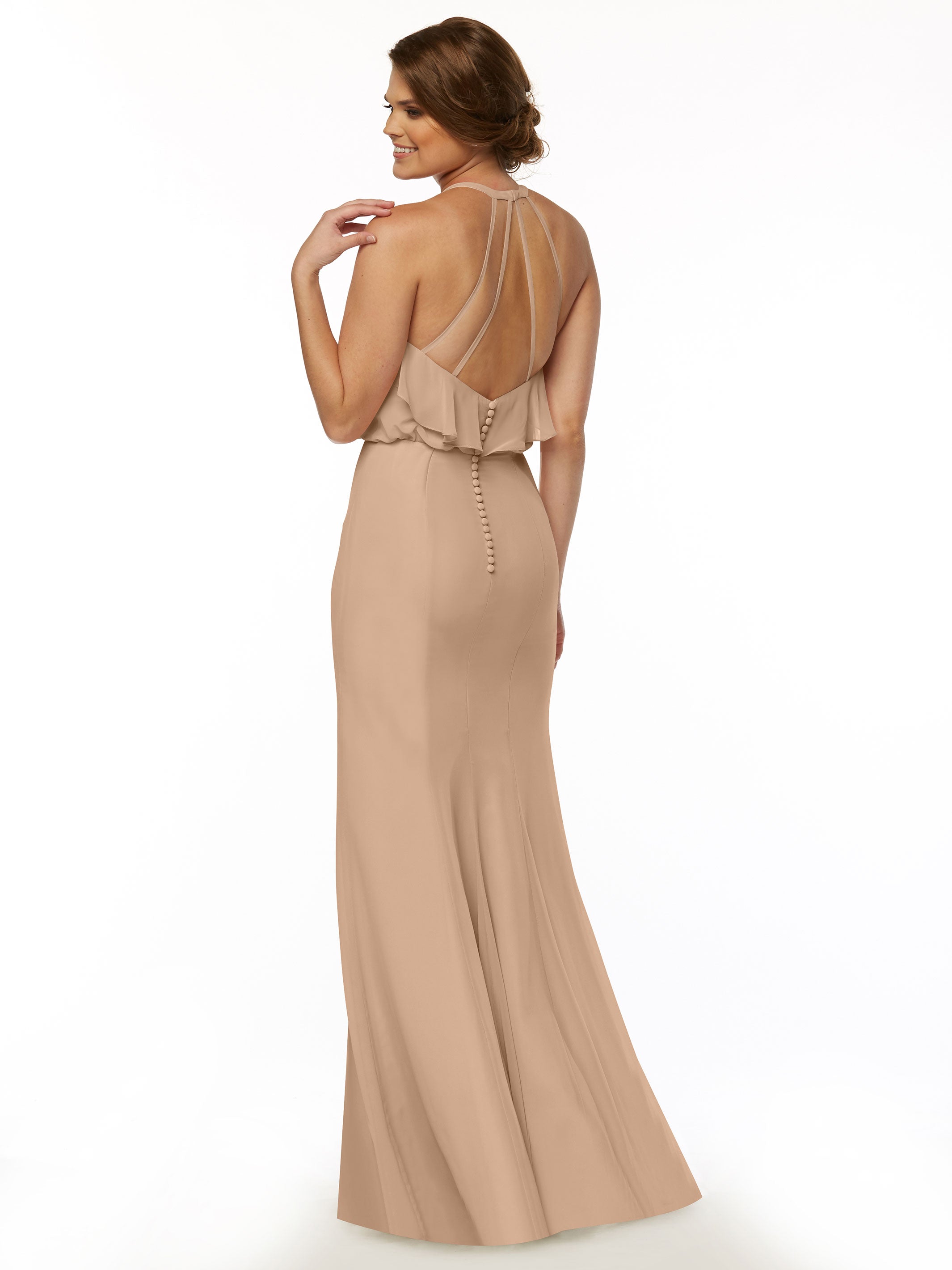 Elegant 80147 Fit and Flare Chiffon Bridesmaid Dress with Ruffled Neckline & Thigh Slit - Perfect for Weddings, Proms, and Formal Events