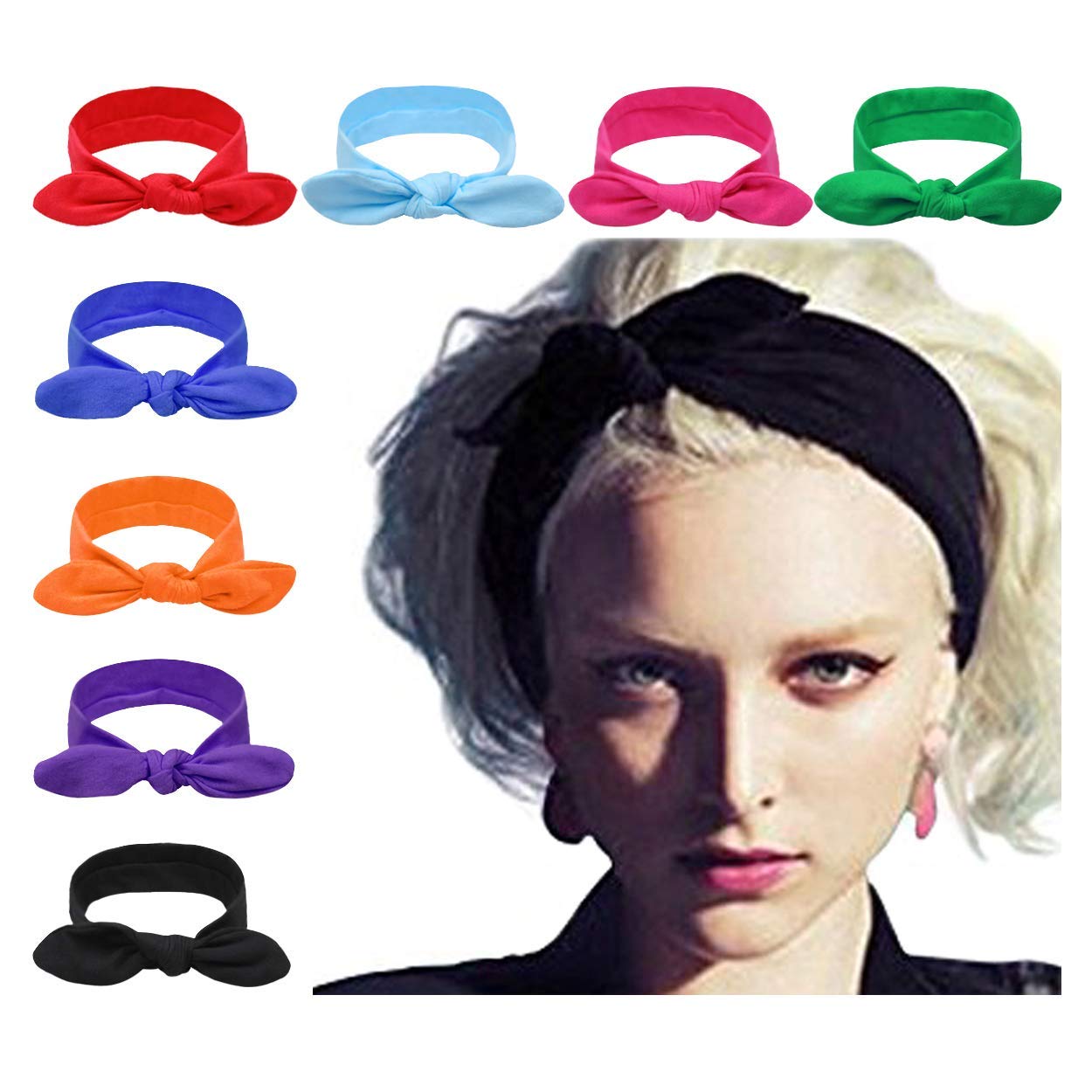 DRESHOW 8 Pack Women's Elastic Bow Headbands - Non-Slip Knotted Turban Headwraps with Rabbit Ears for Sports, Workouts, and Casual Wear | Cute Hair Accessories for Women and Girls