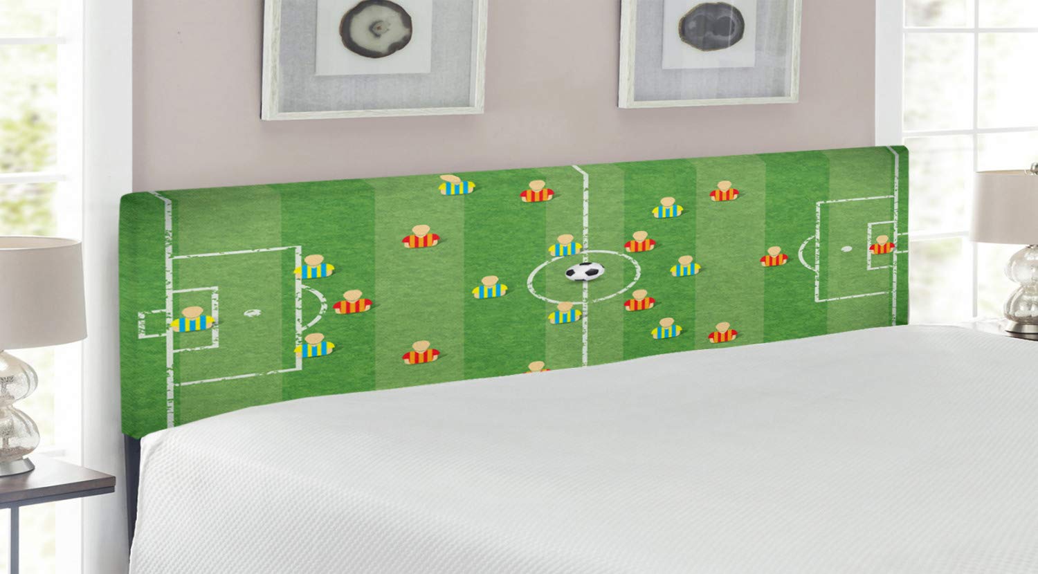Ambesonne Soccer Headboard - King Size Upholstered Metal Bed Headboard with Memory Foam, Soccer Formation Tactical Illustration Featuring Goalkeeper, Strikers & Defenders - Multicolor Sports Decor for Soccer Fans' Bedroom & Game Room