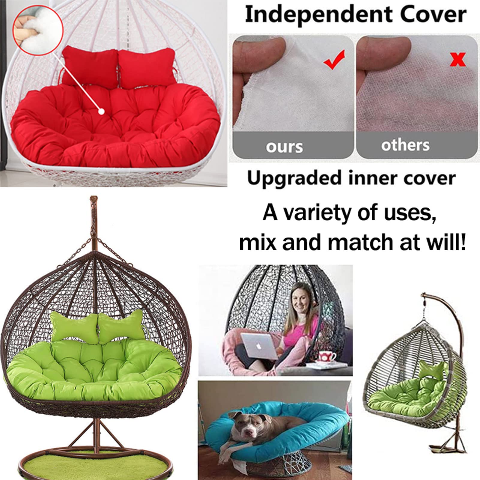 **Waterproof Double Egg Chair Cushion Replacement - 2-Person Hammock Swing Chair Pad, Detachable 2-Seater Hanging Basket Chair Cushion for Indoor, Outdoor, Garden, Patio, Balcony (Green) - Perfect for Relaxing, Lounging & Reading**