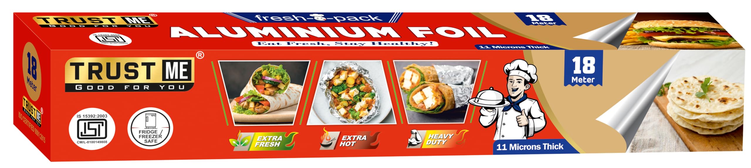 Premium Food Grade Aluminum Foil Roll - 18 Meters, 11 Micron Thickness for Fresh & Hygienic Food Storage | Keeps Food Warm, Extends Freshness | Ideal for Cooking, Baking, Grilling, Meal Prep & Leftovers | Heavy Duty Kitchen & BBQ Essential (Red, Pack of 2)