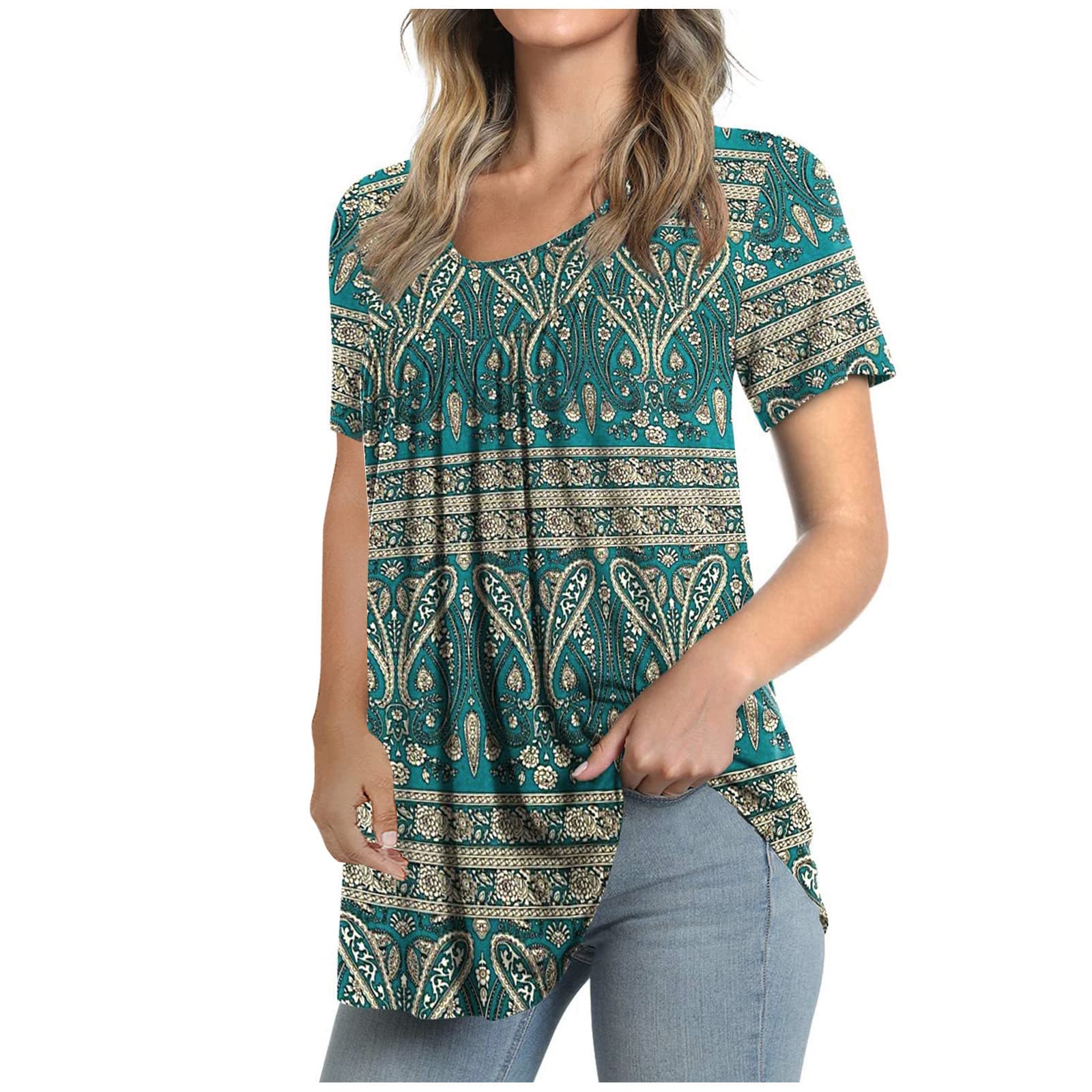 Women's Flowy Ruched Crewneck Short Sleeve Tunic Tops - Hide Belly Casual Blouses & Printed T-Shirts for Work, Date Night & Summer Outfits