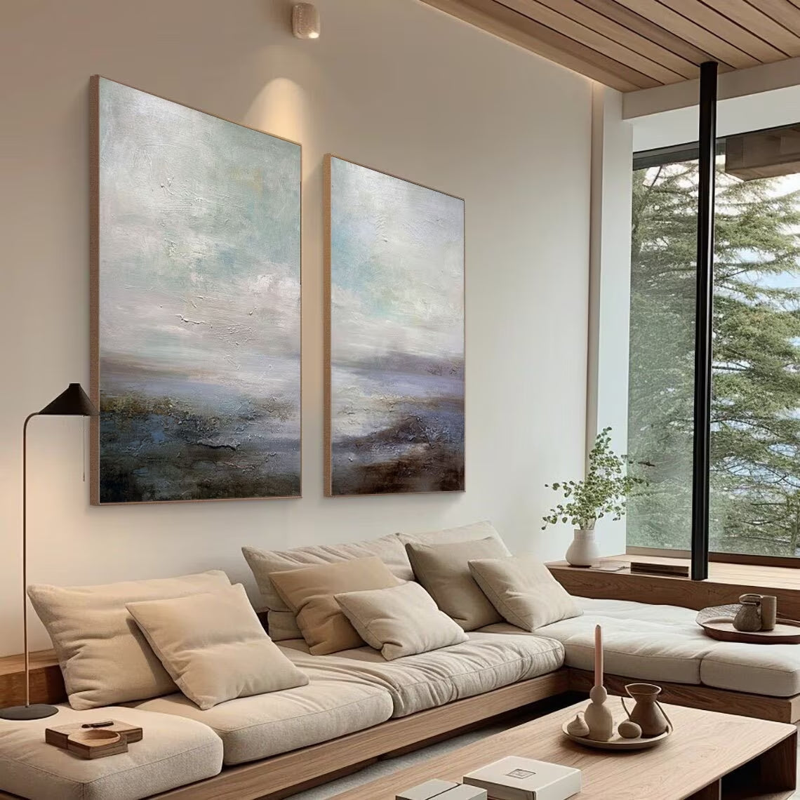 Ocean and Sky Painting Set of 2 - Handmade Wall Art for Living Room & Bedroom Decor - Coastal Themed Canvas Prints for Home Office