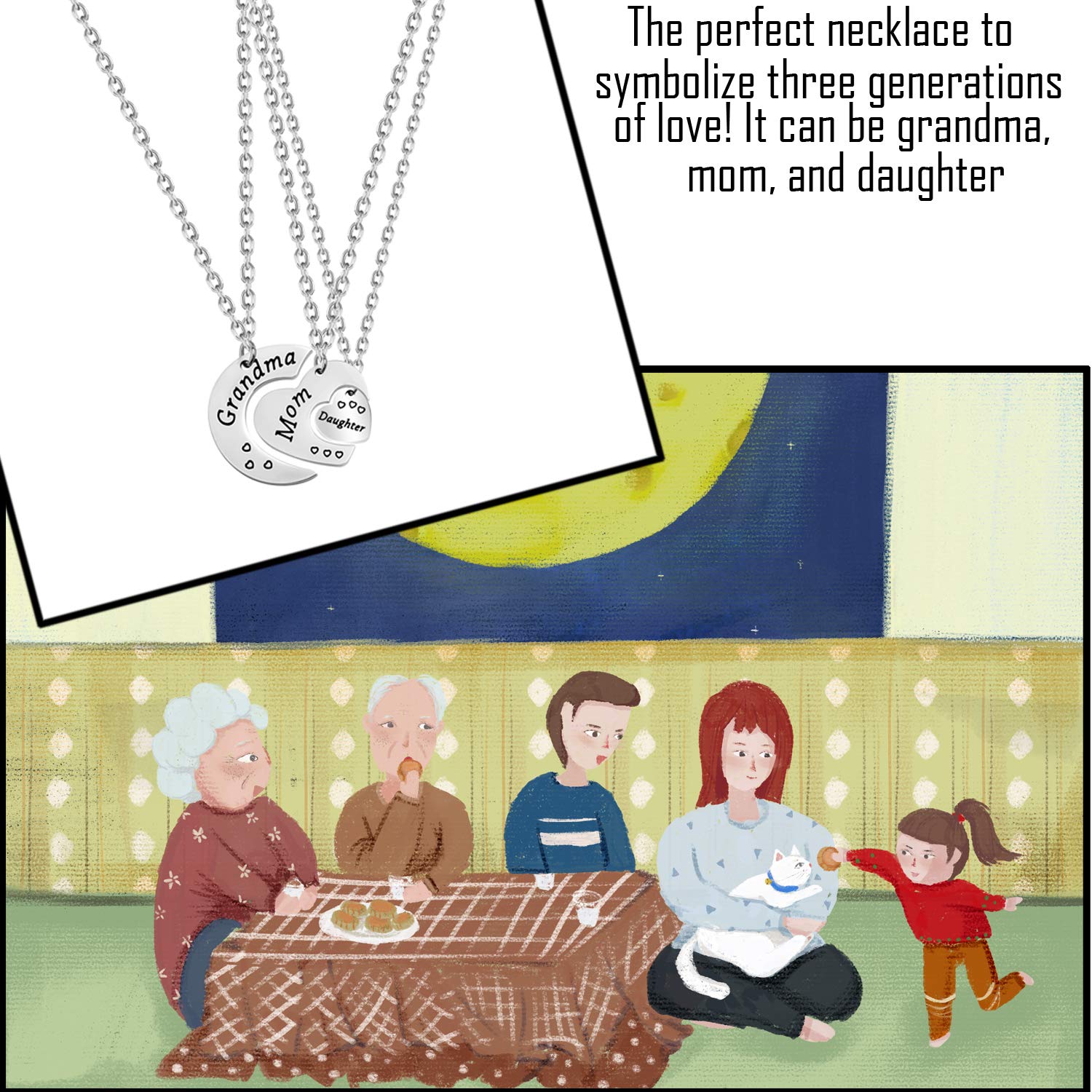 BNQL Generations Necklace Set - Sterling Silver Grandmother Mother Daughter Pendant Jewelry Gift for Mom, Grandma | Perfect for Family Reunions, Mother's Day & Birthday Celebrations