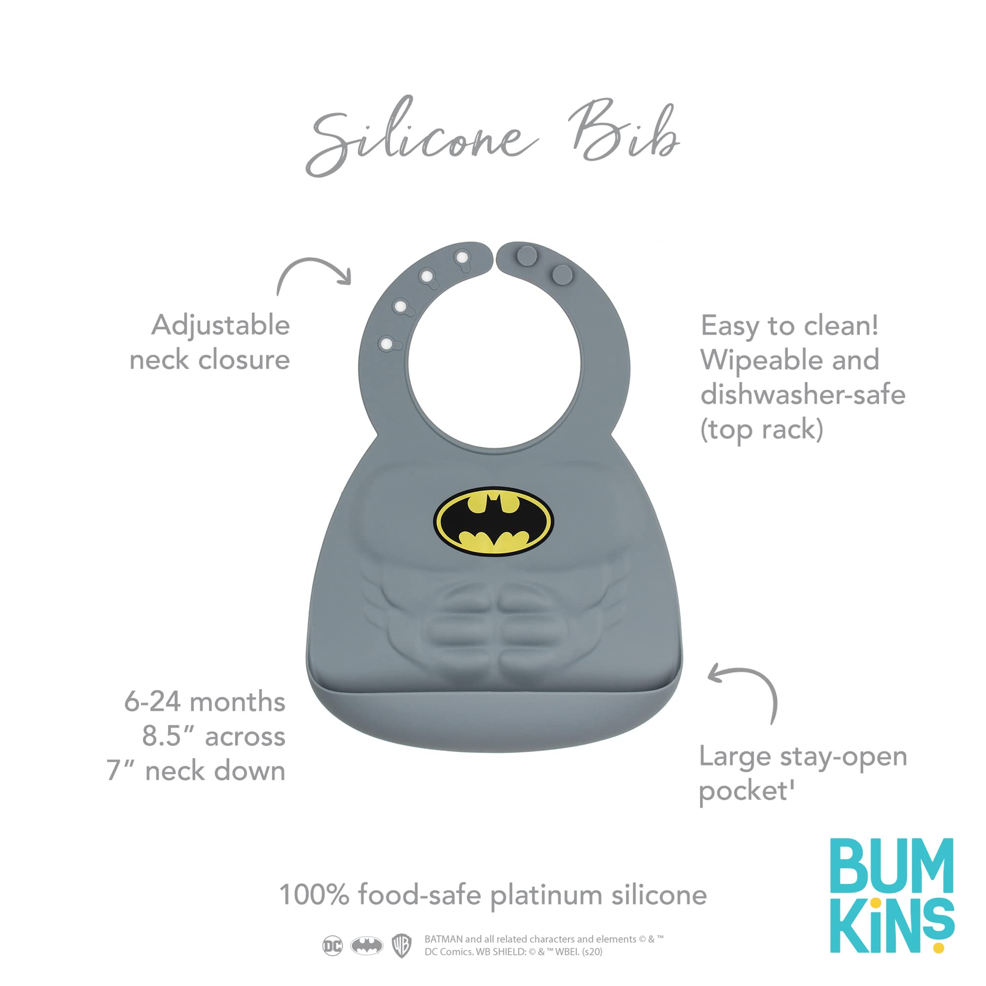 Bumkins DC Comics Batman Silicone Baby Bib - Waterproof, Easy to Clean, Stain & Odor Resistant for Toddlers 6-24 Months (8.5