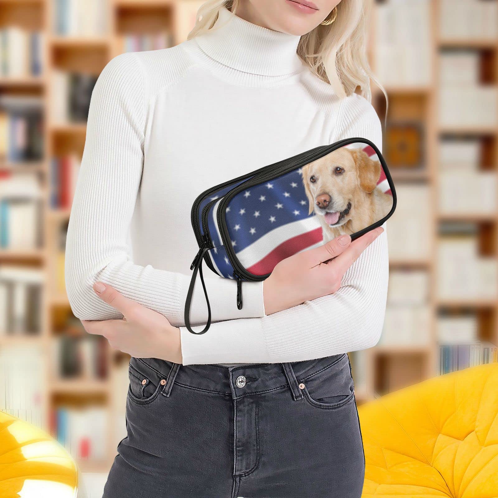 J JOYSAY American Flag Dog Pencil Case - Large Capacity Stationery Pouch for School, College & Office - Perfect for Organizing Pens, Markers & Supplies for Students & Professionals