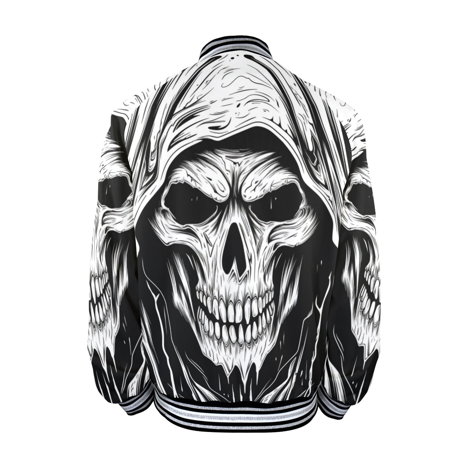 Grim Reaper Striped Trim Bomber Jacket - Gothic Streetwear for Men & Women | Perfect for Halloween, Cosplay, and Alternative Fashion